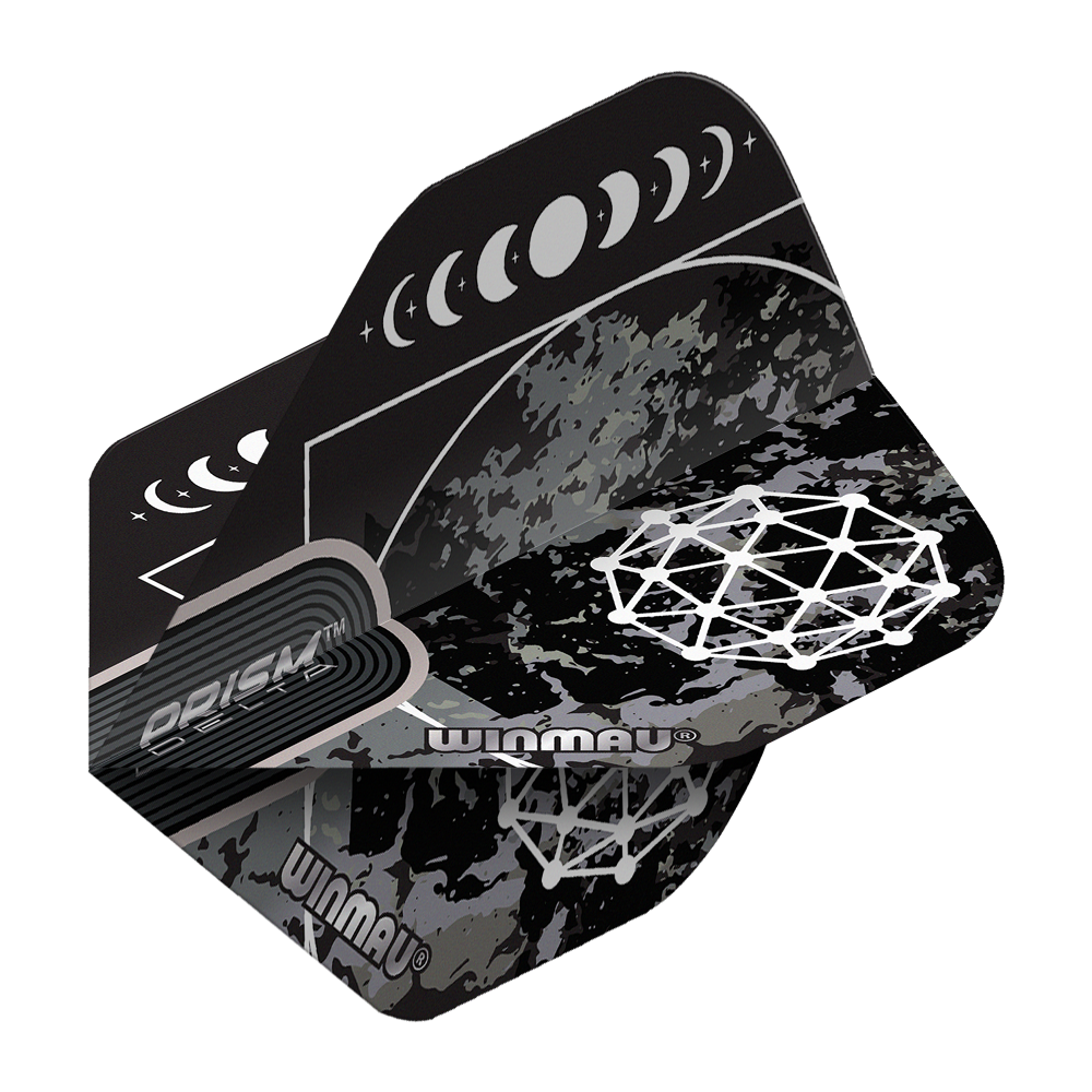 Das Bild zeigt die Winmau Prism Delta Callisto No2 Standard Flights. Die Flights sind schwarz-grau gemustert und mit weißen grafischen Mondphasen und geometrischen Mustern verziert.