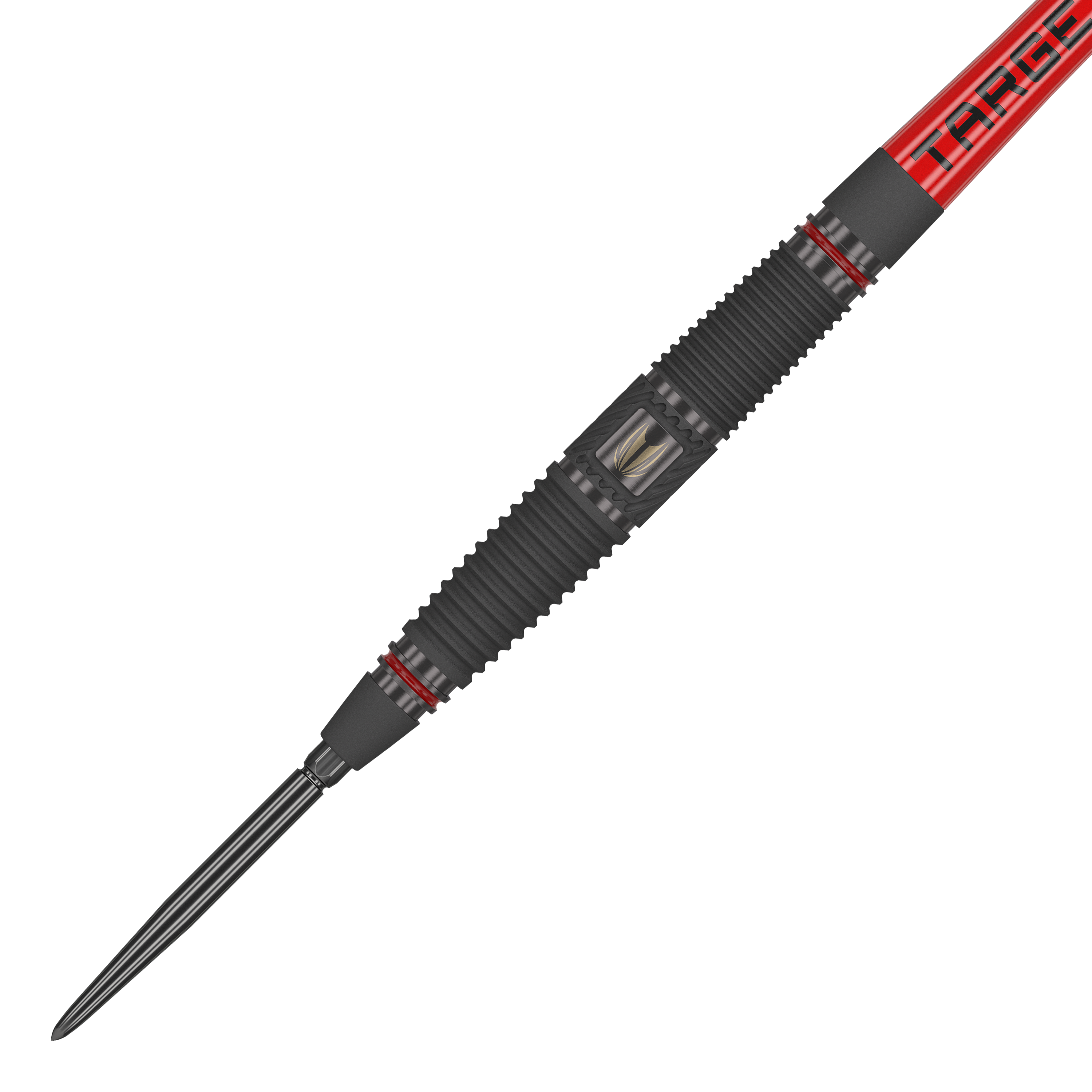 Target Scope 04 Swiss Point steel darts Das Bild zeigt einen Target Scope 04 Swiss Point Steeldart. Der Dart hat ein schwarzes, geriffeltes Griffstück mit roten Akzenten und einer silbernen Spitze.