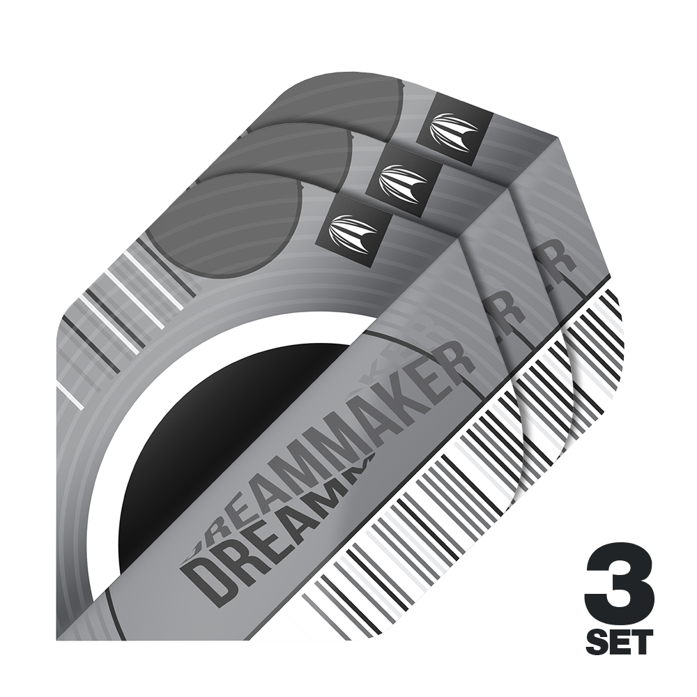 Target Pro Ultra Dimitri Van Den Bergh X Echo No2 Standard Flights - 3 Sets Das Bild zeigt drei Sätze Target Pro Ultra Dimitri Van Den Bergh X Echo No2 Standard Flights. Die Flights sind in Grau- und Schwarztönen gestaltet und tragen den Schriftzug „Dreammaker“.