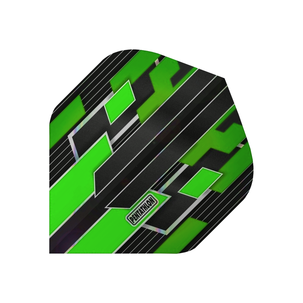 P31_Pentathlon_Gilded_Standard_Flights_Gr-n_1 Das Bild zeigt einen Pentathlon Gilded Standard Flight in Grün. Das Design besteht aus schwarzen, weißen und leuchtend grünen geometrischen Mustern mit dem Schriftzug "Pentathlon".