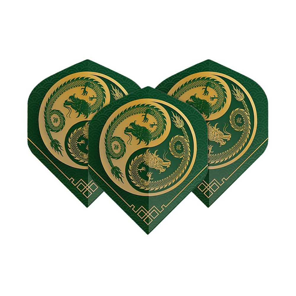 Pentathlon Flights Dragon green Das Bild zeigt drei Pentathlon Dragon 3 Standard Flights in Grün und Gold. Auf jedem Flight ist ein kunstvoller Drache im Kreisdesign abgebildet.