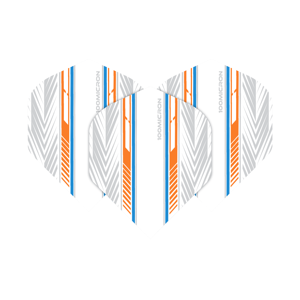 Pentathlon Flights white/orange/blue Das Bild zeigt die Pentathlon White Orange Blue No2 Standard Flights. Sie sind weiß mit auffälligen orangefarbenen, blauen und grauen Linienmustern gestaltet.