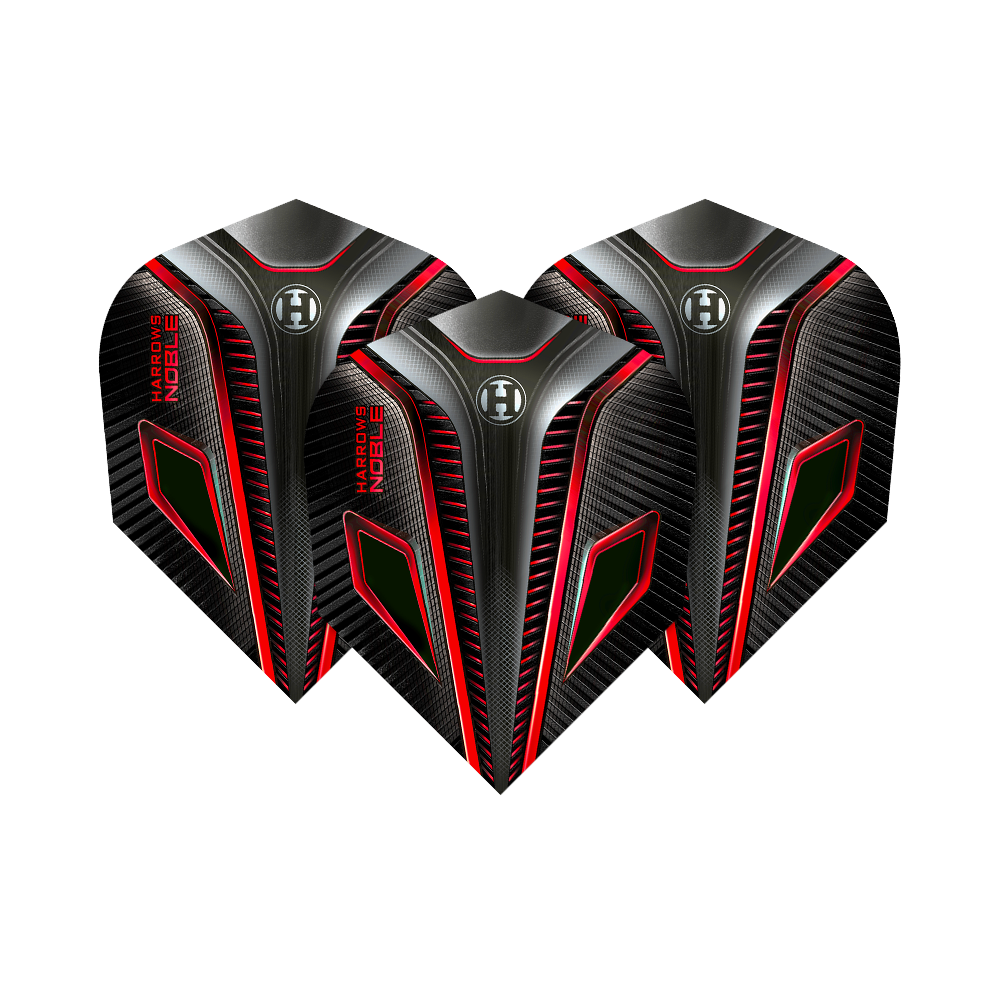HR6_Harrows_Noble_Red_Standard_Flights_1gwtaicXWTQLK4 Das Bild zeigt drei Harrows Noble Red Standard Flights für Dartpfeile. Sie sind schwarz mit roten und silbernen Akzenten und einem modernen, futuristischen Design.