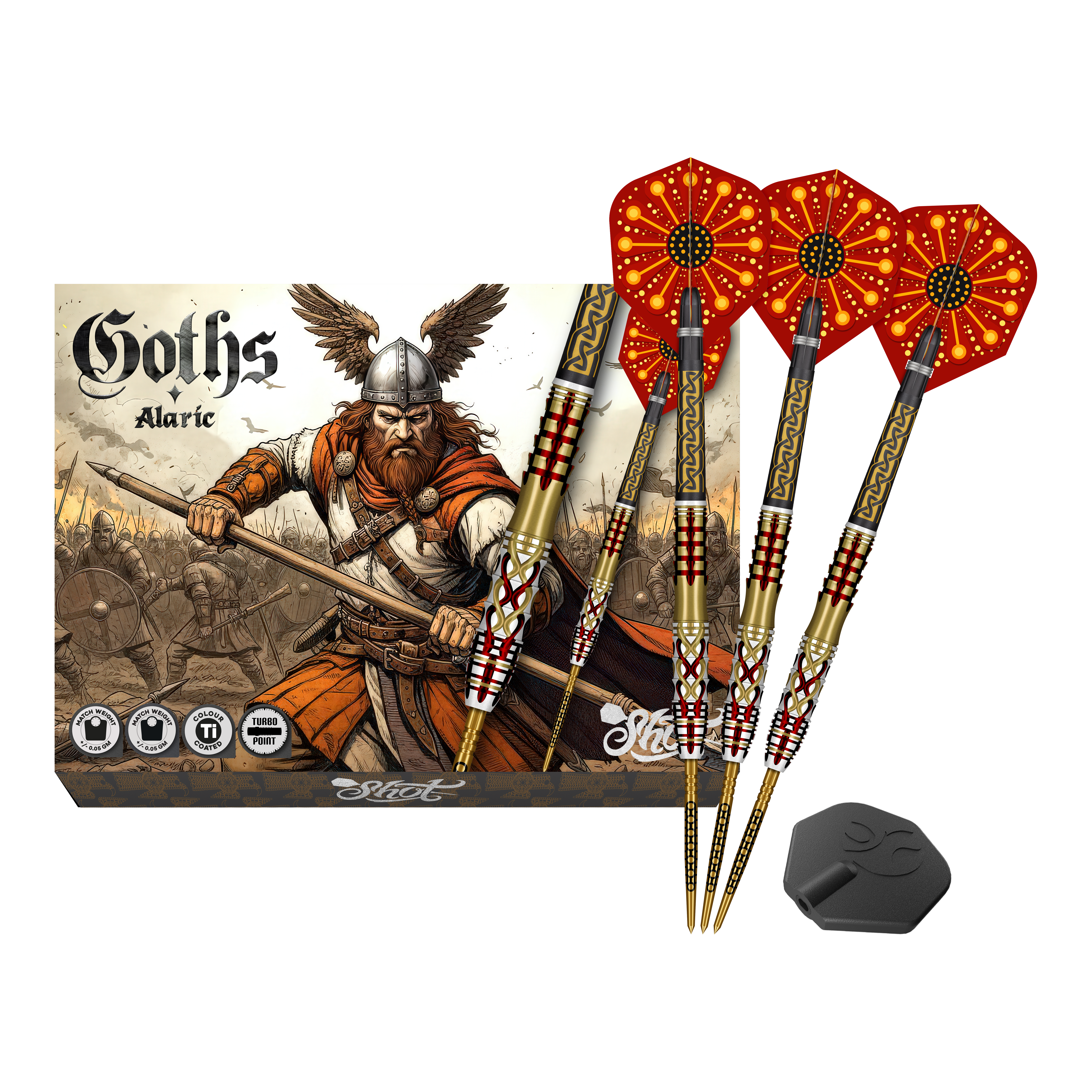 Shot Goths Alaric Turbo Point Steel Darts - 23g Abgebildet sind die Shot Goths Alaric Turbo Point Steeldarts - 23g. Die Darts eignen sich besonders für Steeldartspieler.