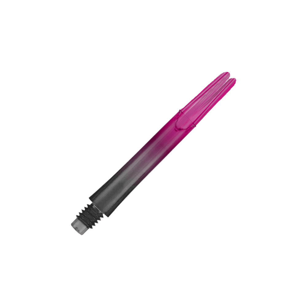 Das Bild zeigt einen zweiteiligen Dart-Schaft in den Farben Schwarz und Pink. Der Schaft hat ein Schraubgewinde auf einer Seite und ist gerade geformt.