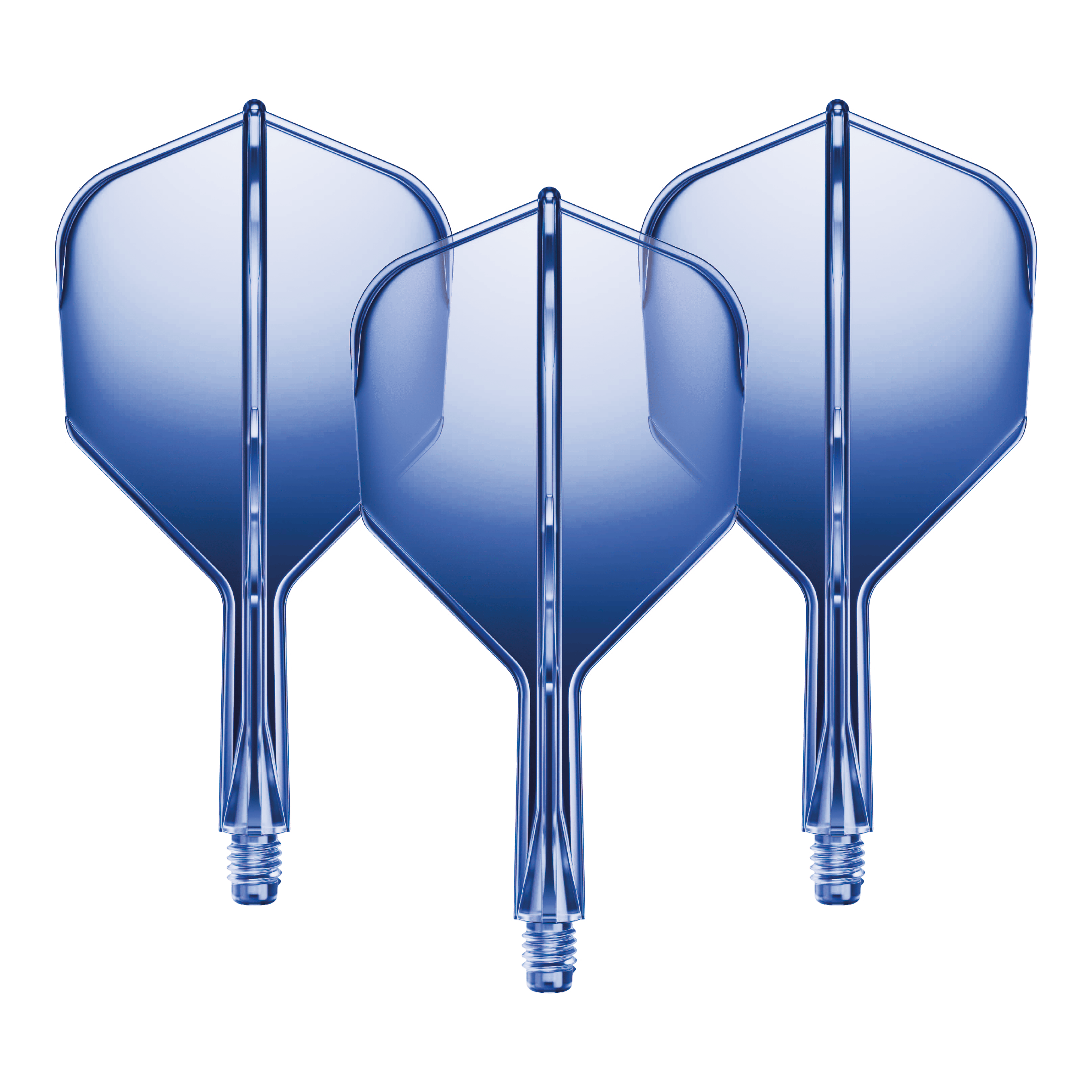 GOAT A1R No6 Flight Shaft System - Blue Auf dem Bild sind drei blaue Dartflights mit kurzen Schäften zu sehen. Sie stehen nebeneinander und haben eine glänzende Oberfläche.