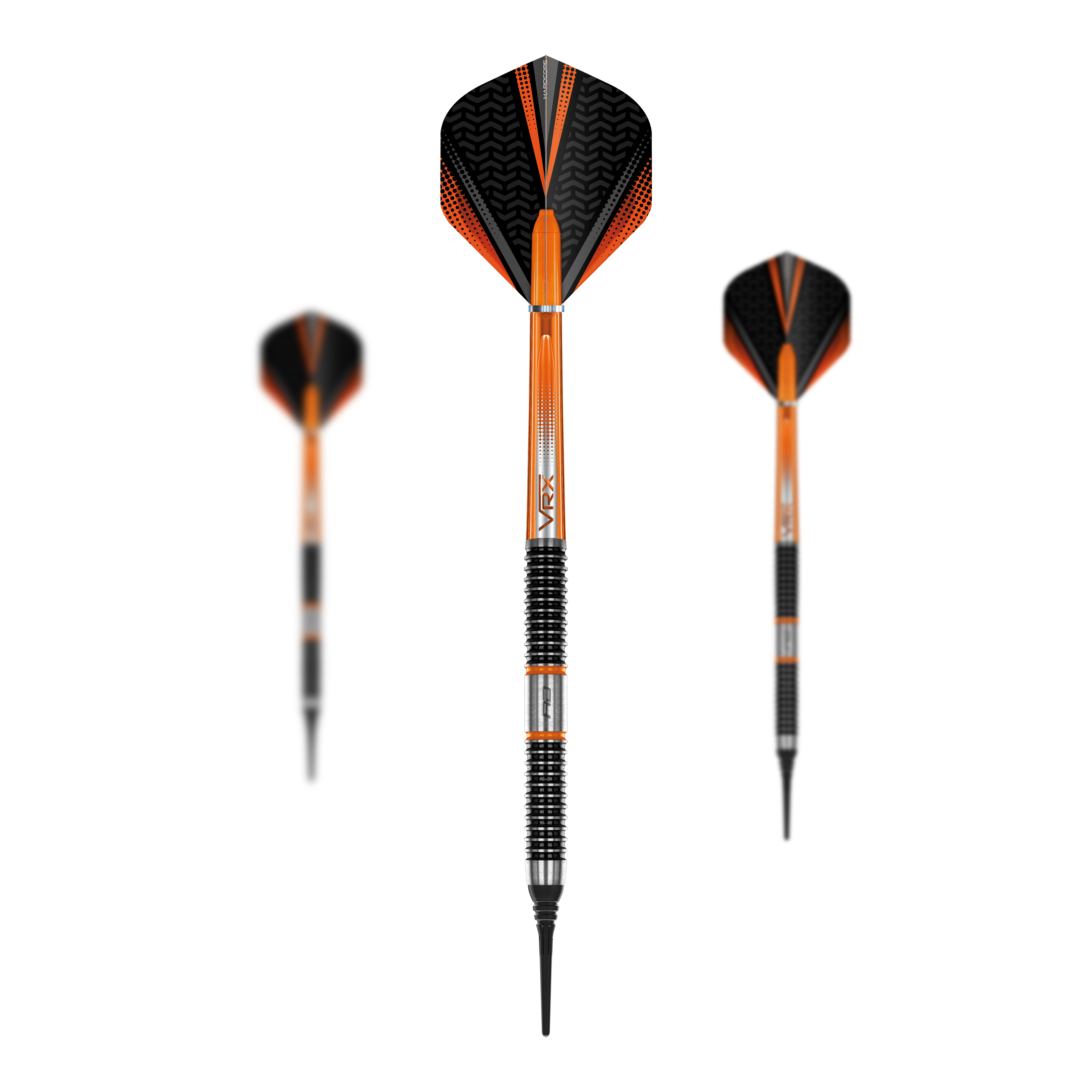 Red Dragon Amberjack 18 soft darts - 20g Das Bild zeigt drei Softdarts des Modells „Red Dragon Amberjack 18 Softdarts - 20g“. Die Darts sind überwiegend orange und schwarz mit silbernen Rillen am Griff.