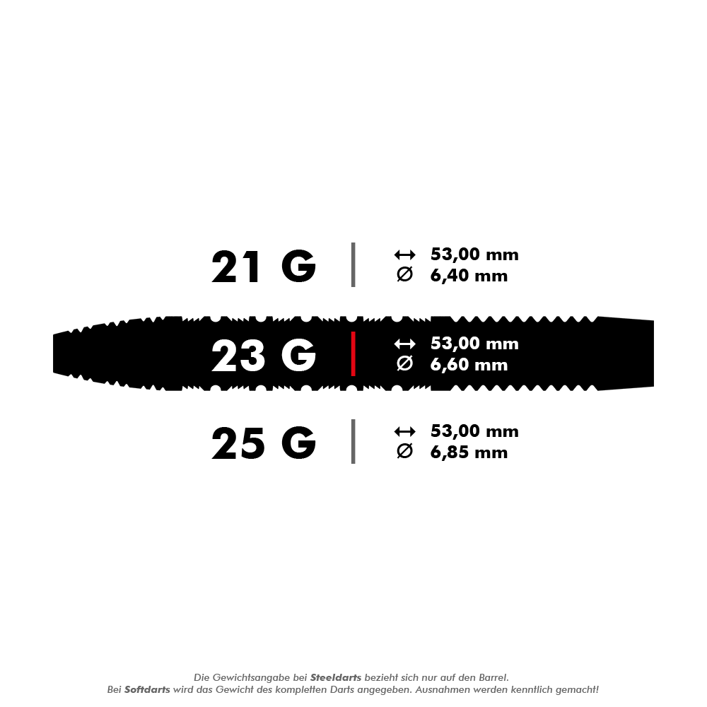190051_Target_Bolide_01_Swiss_Point_Steeldarts_5_23g Das Bild zeigt die Maße und Gewichte der "Target Bolide 01 Swiss Point Steeldarts". Die Darts sind in 21g, 23g und 25g erhältlich, jeweils 53 mm lang und mit unterschiedlichen Durchmessern.