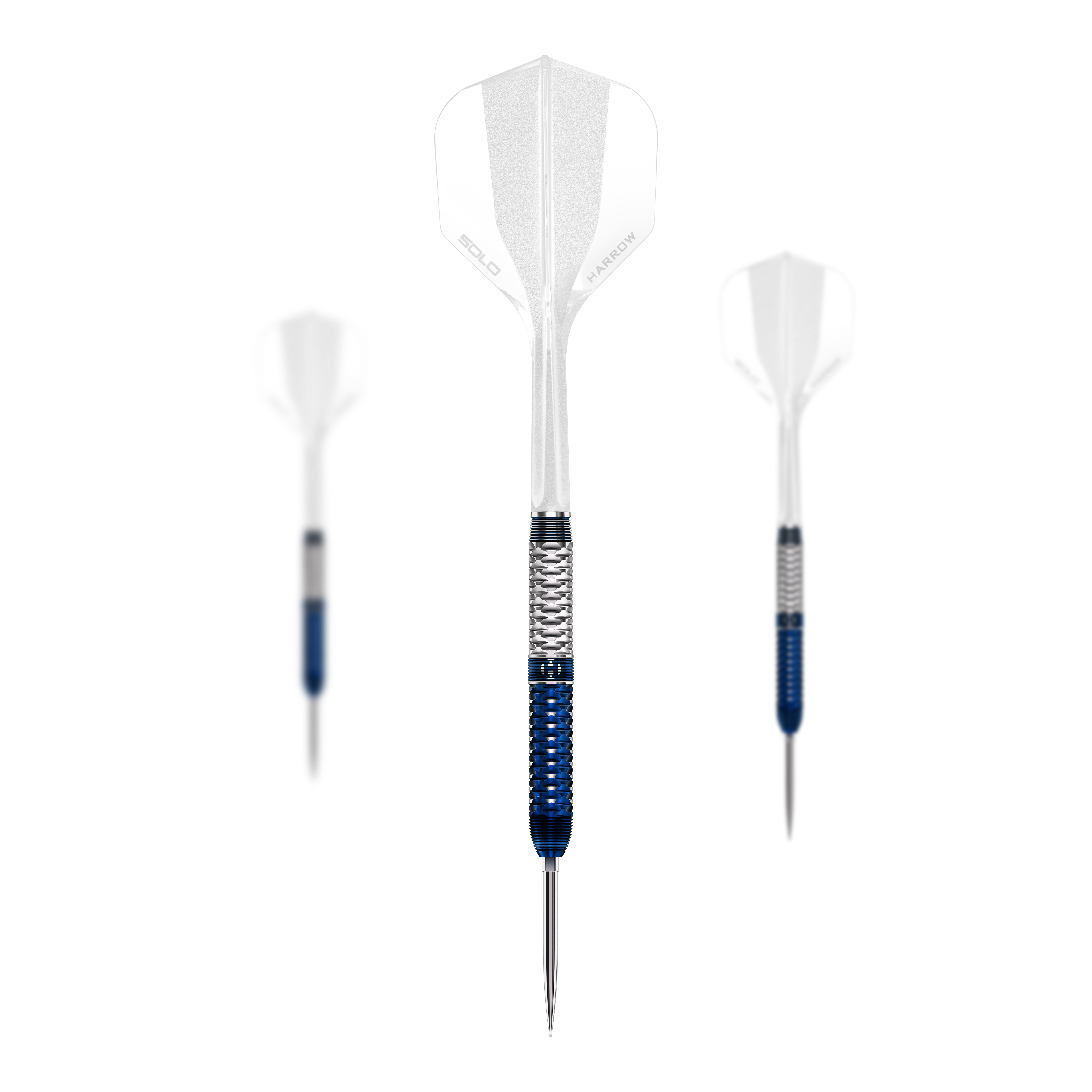 Das Bild zeigt ein Set der Harrows GEO Parallel Quick Point Steeldarts. Mehrere Pfeile bilden zusammen das vollständige Produktset.