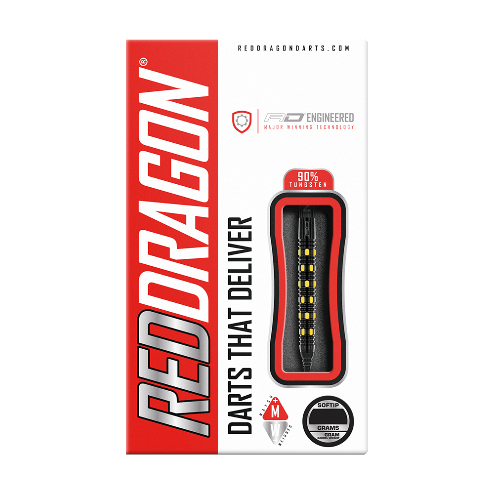 Die Verpackung zeigt die "Red Dragon Nirvana Softdarts - 20g" mit einem modernen Design. Die Darts bestehen aus 90% Tungsten und sind speziell für Softtip-Spiele geeignet.