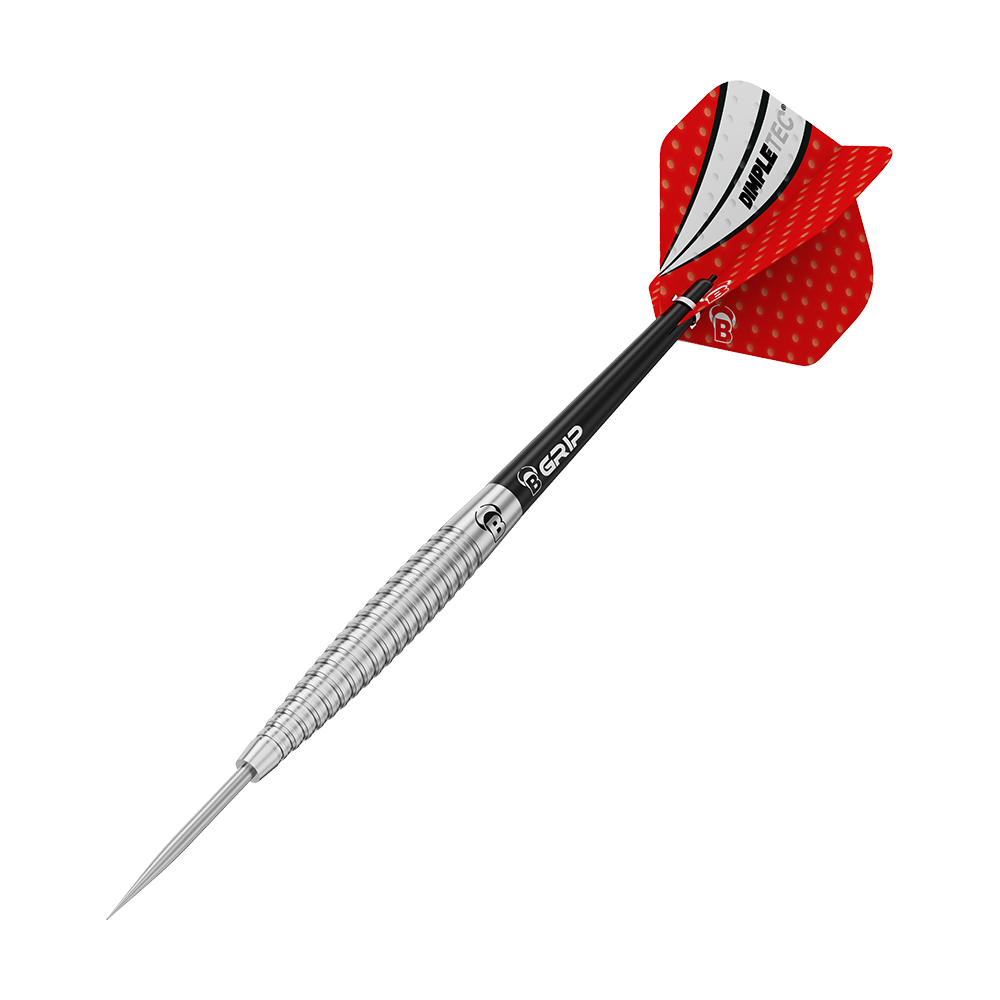 13242_Bulls_Dot_D6_Steeldarts_4 Dieses Bild zeigt den Bulls Dot D6 Steeldart. Der Dartpfeil hat einen silbernen Schaft und rote Flights mit weißen Akzenten.