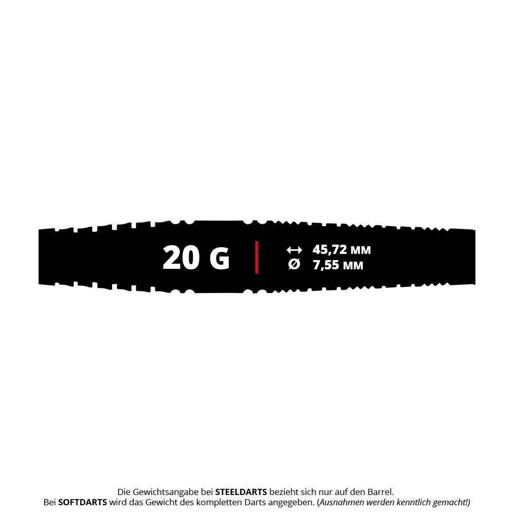 Auf dem Bild sind Red Dragon Recon Torpedo Softdarts mit einem Gewicht von 20g zu erkennen. Die Darts sind schlank und haben ein modernes Design.