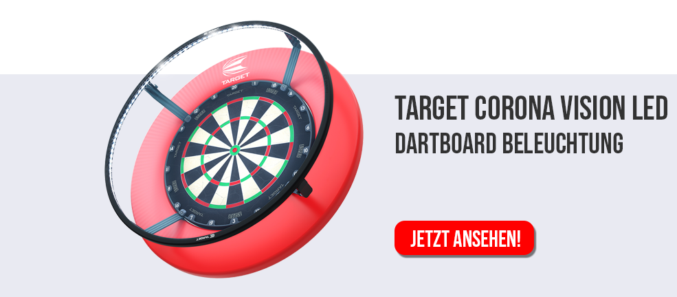 Das Bild zeigt ein beleuchtetes Dartboard mit LED-Ring. Rechts daneben steht der Text "Target Corona Vision LED Dartboard Beleuchtung" und ein roter Button mit der Aufschrift "JETZT ANSEHEN!".