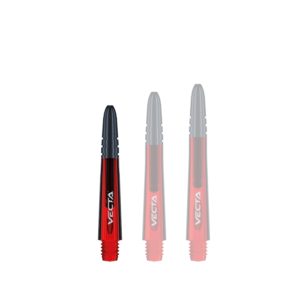 7025-103_Winmau_Vecta_Shafts_Rot_34mm_1p9cBdL0Fj9IIe Das Bild zeigt drei Winmau Vecta Shafts in Rot, die in unterschiedlichen Längen nebeneinander stehen. Die Schäfte sind rot mit schwarzen Spitzen und haben das Wort "Vecta" aufgedruckt.