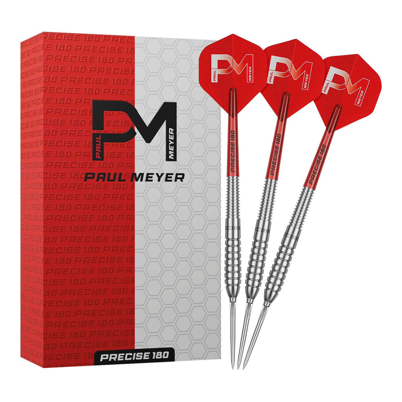 Das Bild zeigt die Precise 180 Paul Meyer Version 1 Steeldarts. Ein Satz Steeldarts, ideal für Dartspieler.