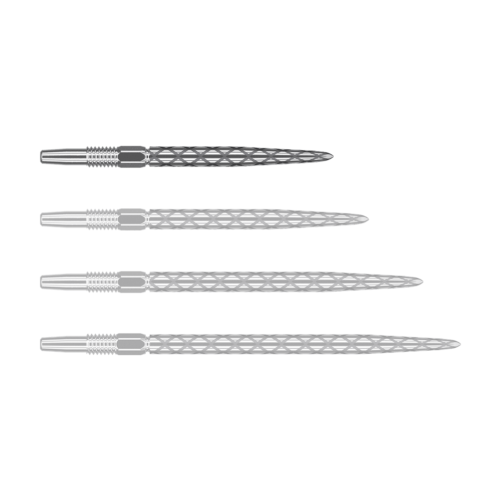 Target Swiss Diamond Pro Silver Points dart tips Das Bild zeigt vier silberne Dartspitzen mit einem rautenförmigen Muster. Sie sind nebeneinander auf weißem Hintergrund angeordnet.