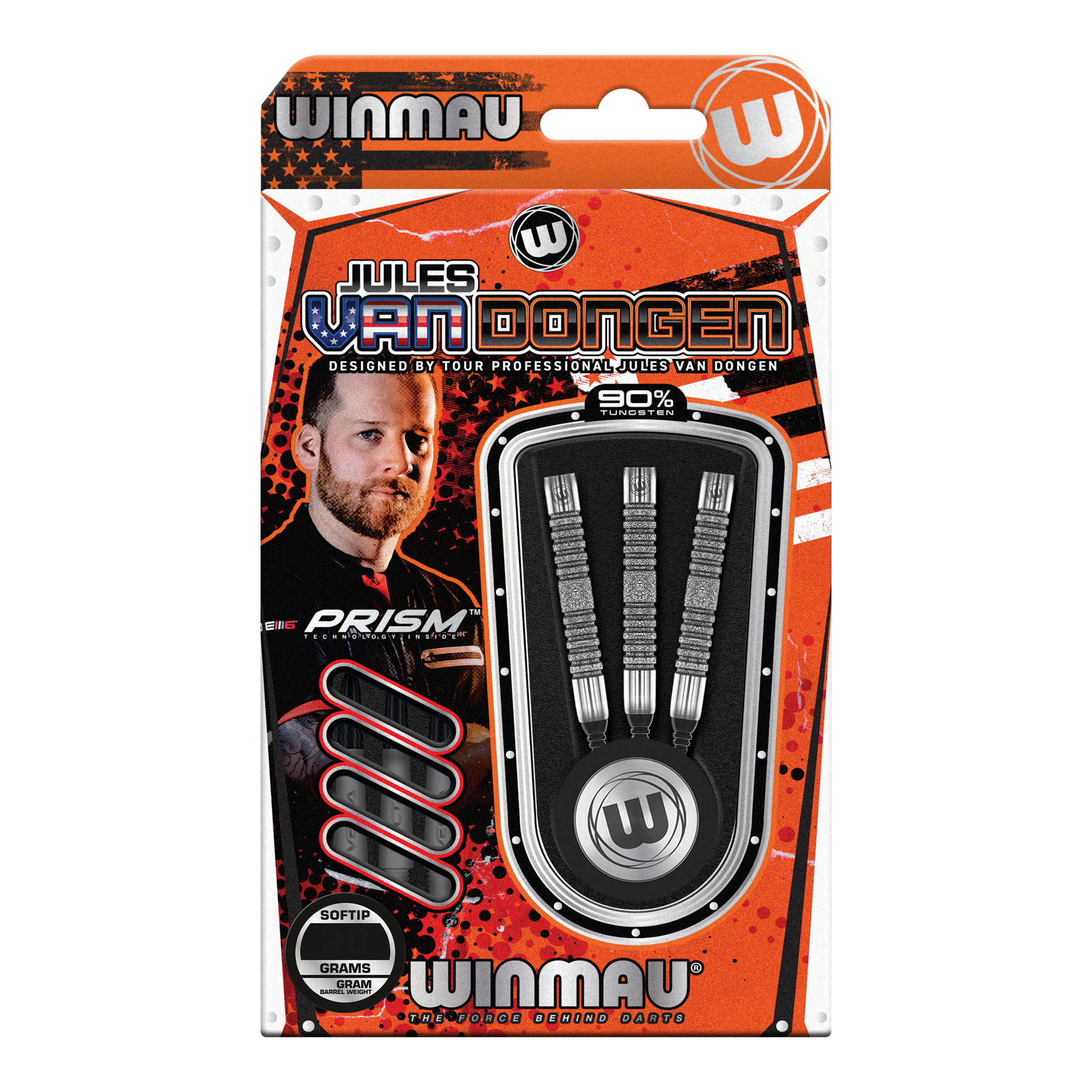 Winmau Jules Van Dongen soft darts - 20g Das Bild zeigt eine Verpackung der "Winmau Jules Van Dongen Softdarts - 20g". In der Packung befinden sich drei Softdarts mit 90% Tungsten.