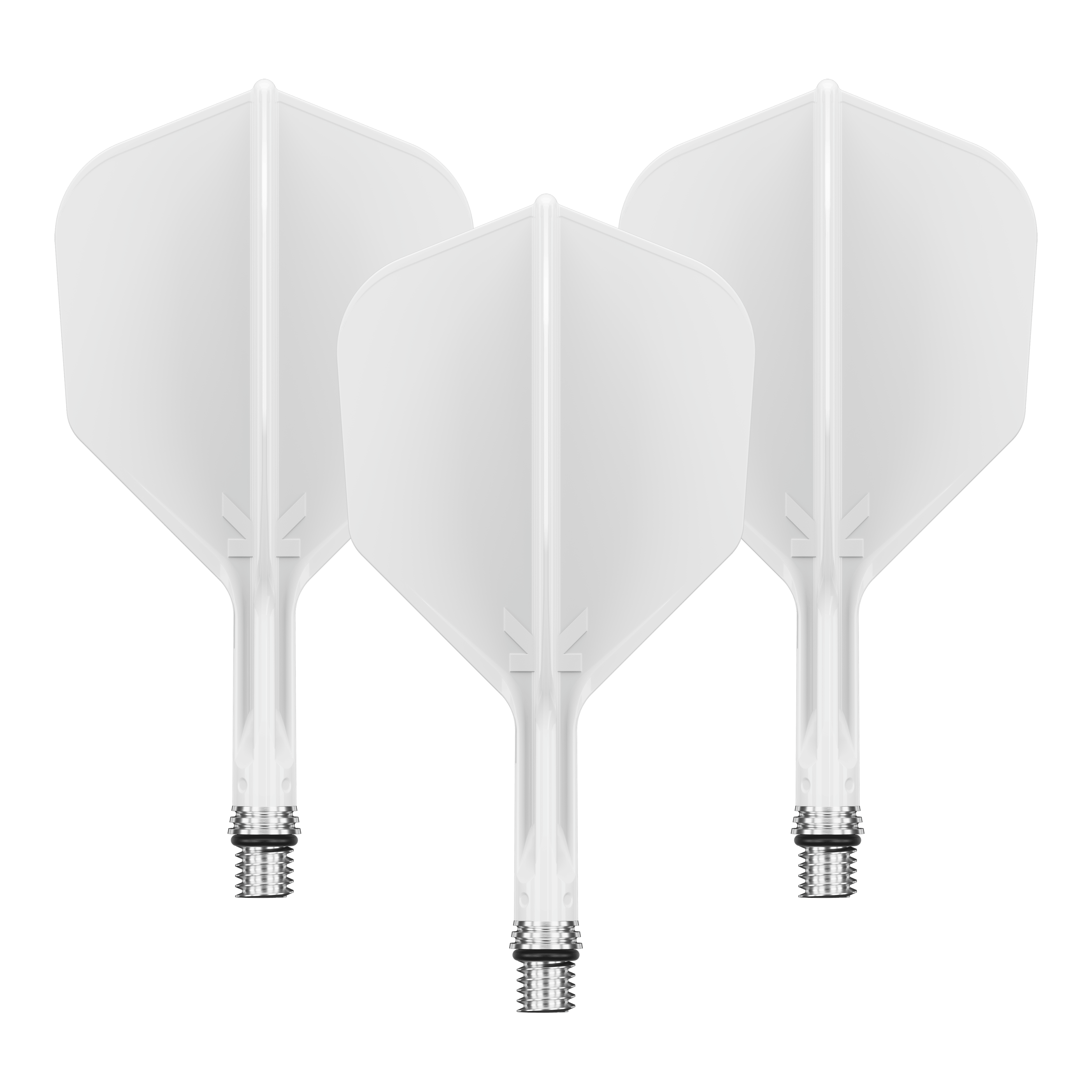 Target K-Shift No6 Flights - White Zu sehen ist ein Flight-Set namens 410540_Target_KShift_No6_Flights_Wei_19mm_1Set. Mehrere weiße Flights sind gemeinsam präsentiert.