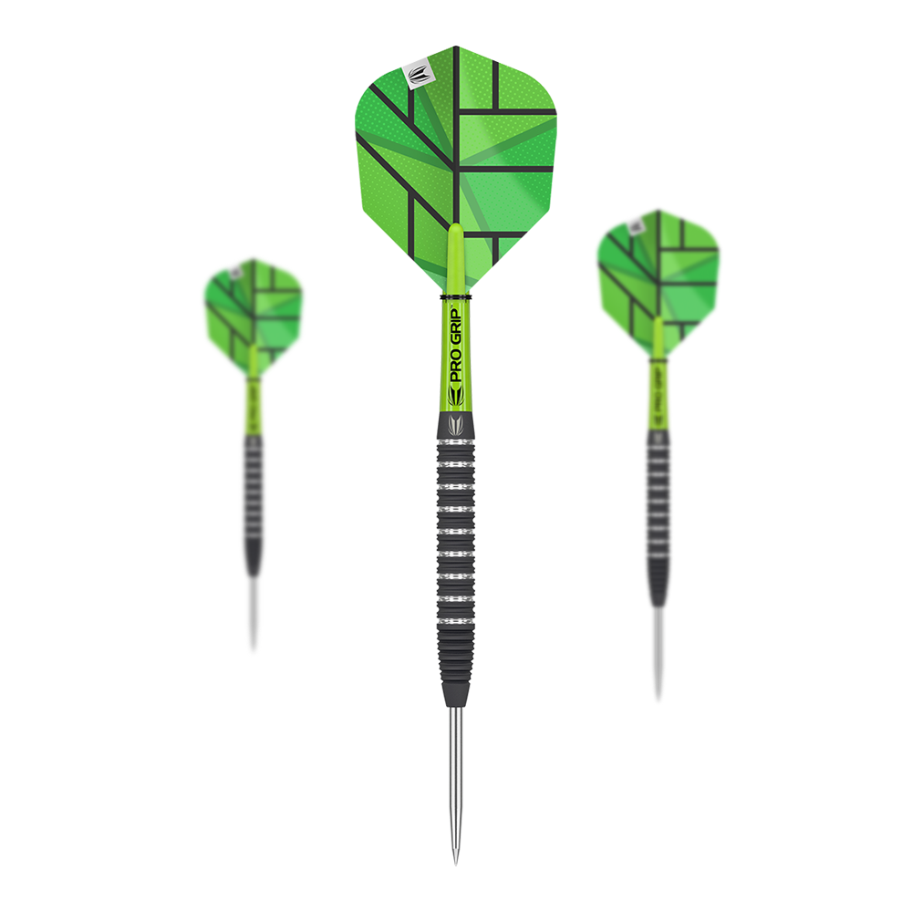 Target Yohkoh 02 steel darts Das Bild zeigt drei Steeldarts des Modells "Target Yohkoh 02" mit grünen Flights und schwarzem Griff. Die Darts haben silberne Spitzen und auffällige grüne Akzente.