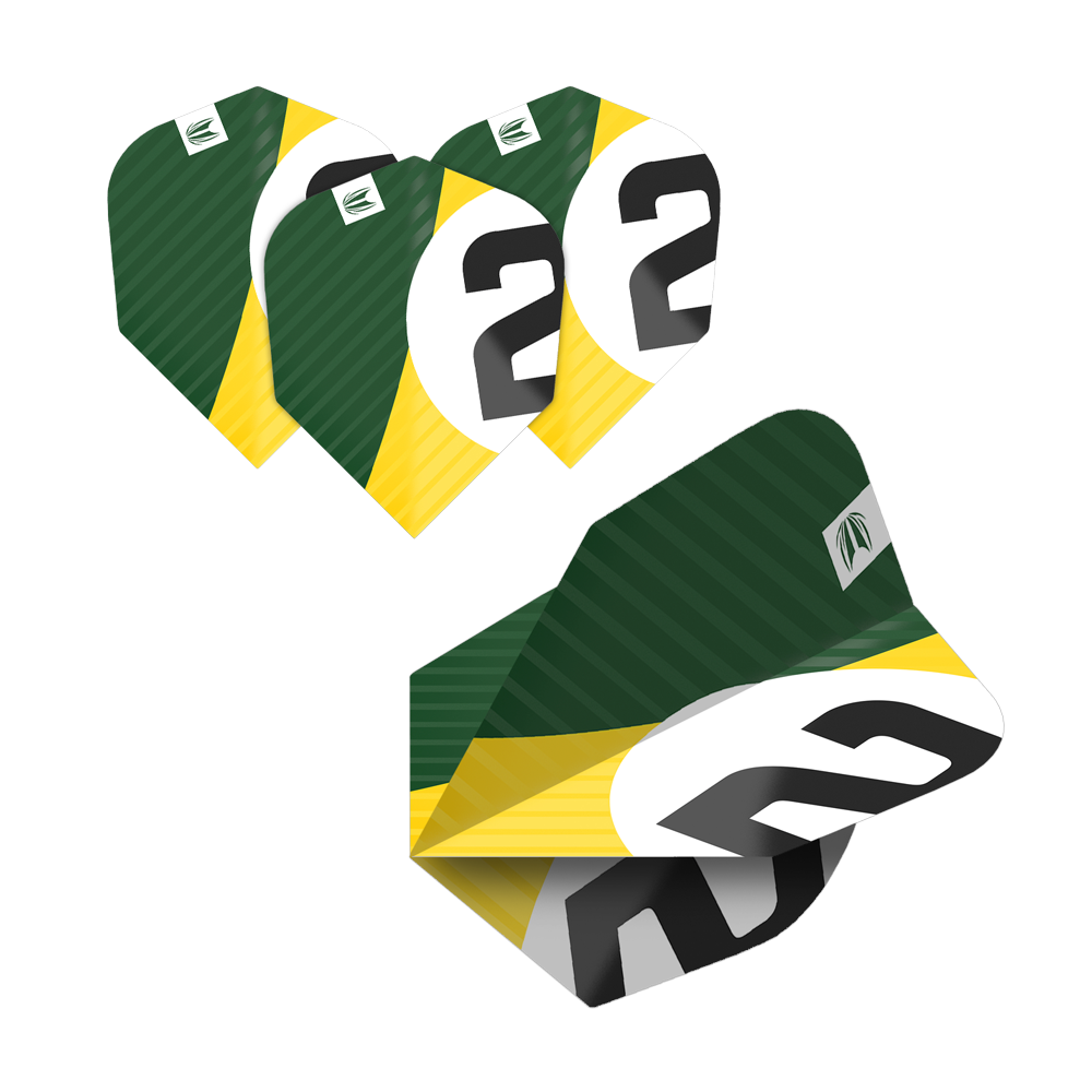 337205_Target_ProUltra_5Sets_Multipack_Chicane_No6_Flights_2WNuoGECLQa8FB Das Bild zeigt fünf Sätze von Dart-Flights mit grün-gelbem Design und einer großen schwarzen Zahl 2 auf weißem Hintergrund. Die Flights gehören zum Produkt "Target Pro Ultra Chicane Multipack No6 Flights - 5 Sets".