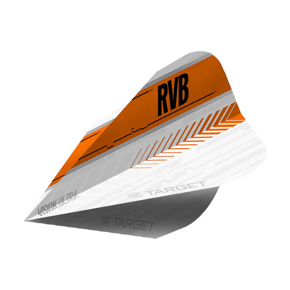 Das Bild zeigt ein Dart-Flight mit dem Namen "Target Vision Ultra RvB Orange Vapor Flights". Das Flight ist hauptsächlich weiß und orange, mit schwarzen Buchstaben "RVB" und dekorativen Mustern.