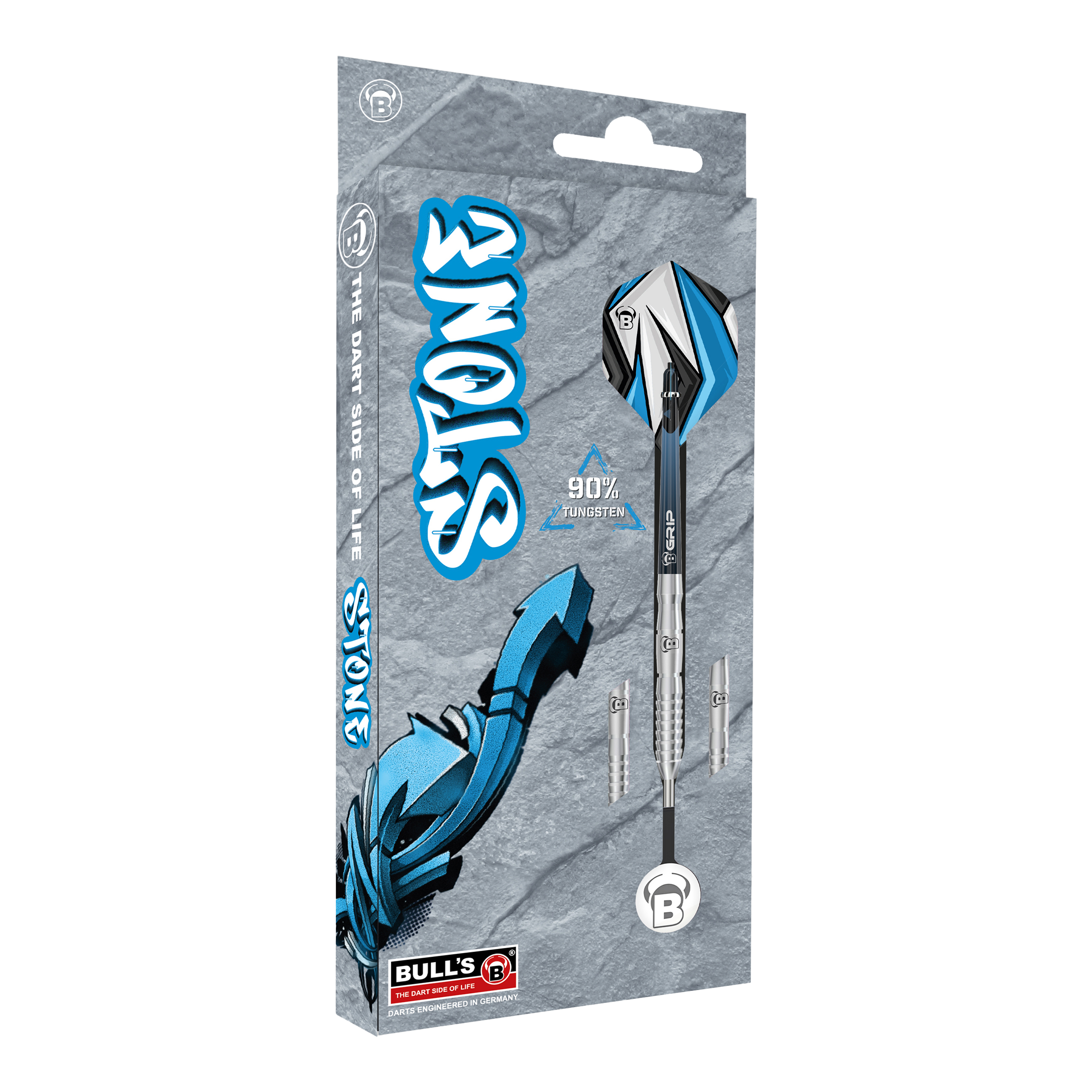 Bulls Stone S2 Steeldarts Die Abbildung zeigt die Verpackung der "Bulls Stone S2 Steeldarts". Die Darts bestehen zu 90% aus Tungsten und sind im Design grau und blau gehalten.