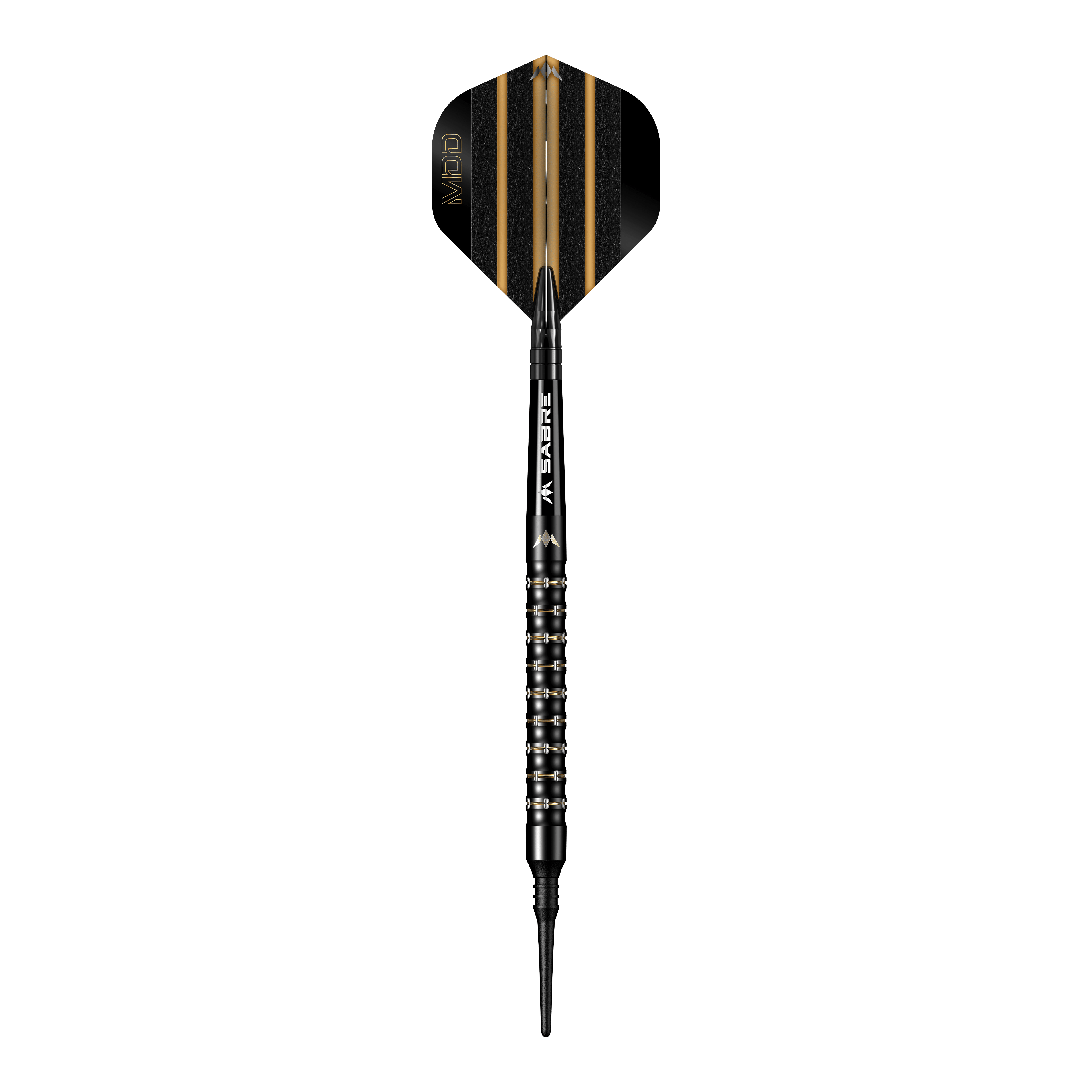 Das Bild zeigt einen Softdartpfeil namens "Mission Mike De Decker MDD Black Gold Softdarts - 20g". Der Pfeil ist schwarz mit goldenen Akzenten und hat eine schmale Spitze.