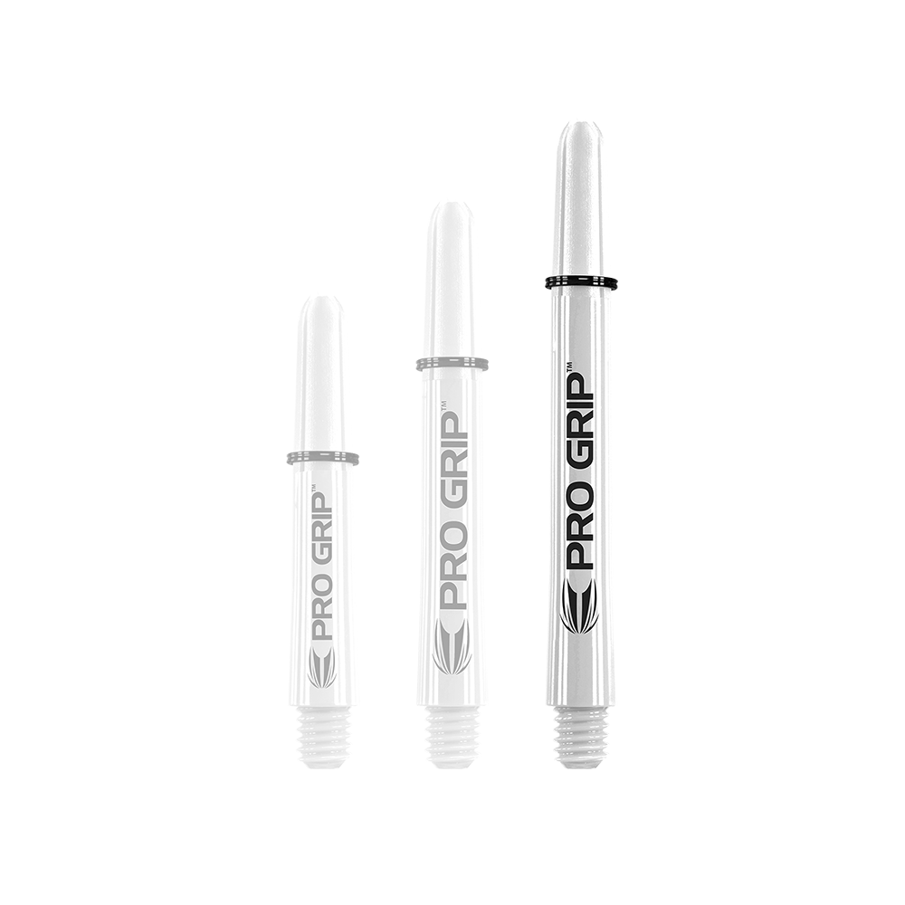 Das Bild zeigt drei unterschiedlich lange, weiße Dart-Schäfte mit der Aufschrift "PRO GRIP". Sie stehen nebeneinander aufrecht vor weißem Hintergrund.