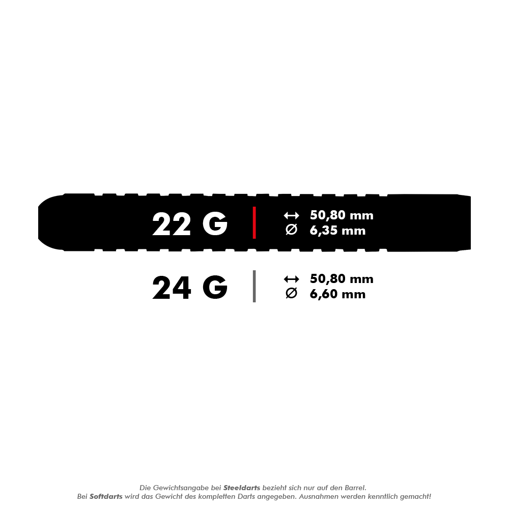 Winmau Foxfire Urban steel darts Das Bild zeigt die Maße und Gewichte von Steeldarts mit 22 Gramm und 24 Gramm. Die Längen betragen jeweils 50,80 mm, der Durchmesser beträgt 6,35 mm bei 22 g und 6,60 mm bei 24 g.