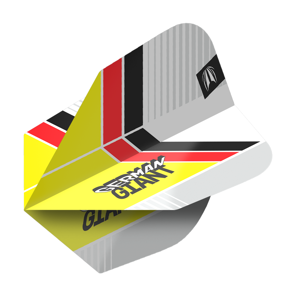 Das Bild zeigt das Produkt "Target Pro Ultra Gabriel Clemens No6 Flights - 3 Sets". Die Dart-Flights haben ein auffälliges Design mit den Farben Gelb, Rot, Schwarz und Weiß sowie dem Schriftzug "German Giant".