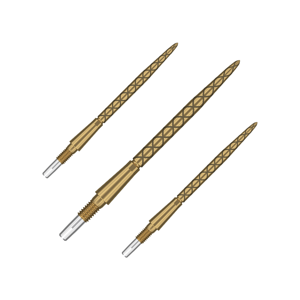 Target Swiss Storm Diamond Point Dart Tips - Gold Das Bild zeigt drei goldene Dartspitzen mit einem rautenförmigen Muster. Sie sind länglich und haben eine silberne Spitze zum Werfen.