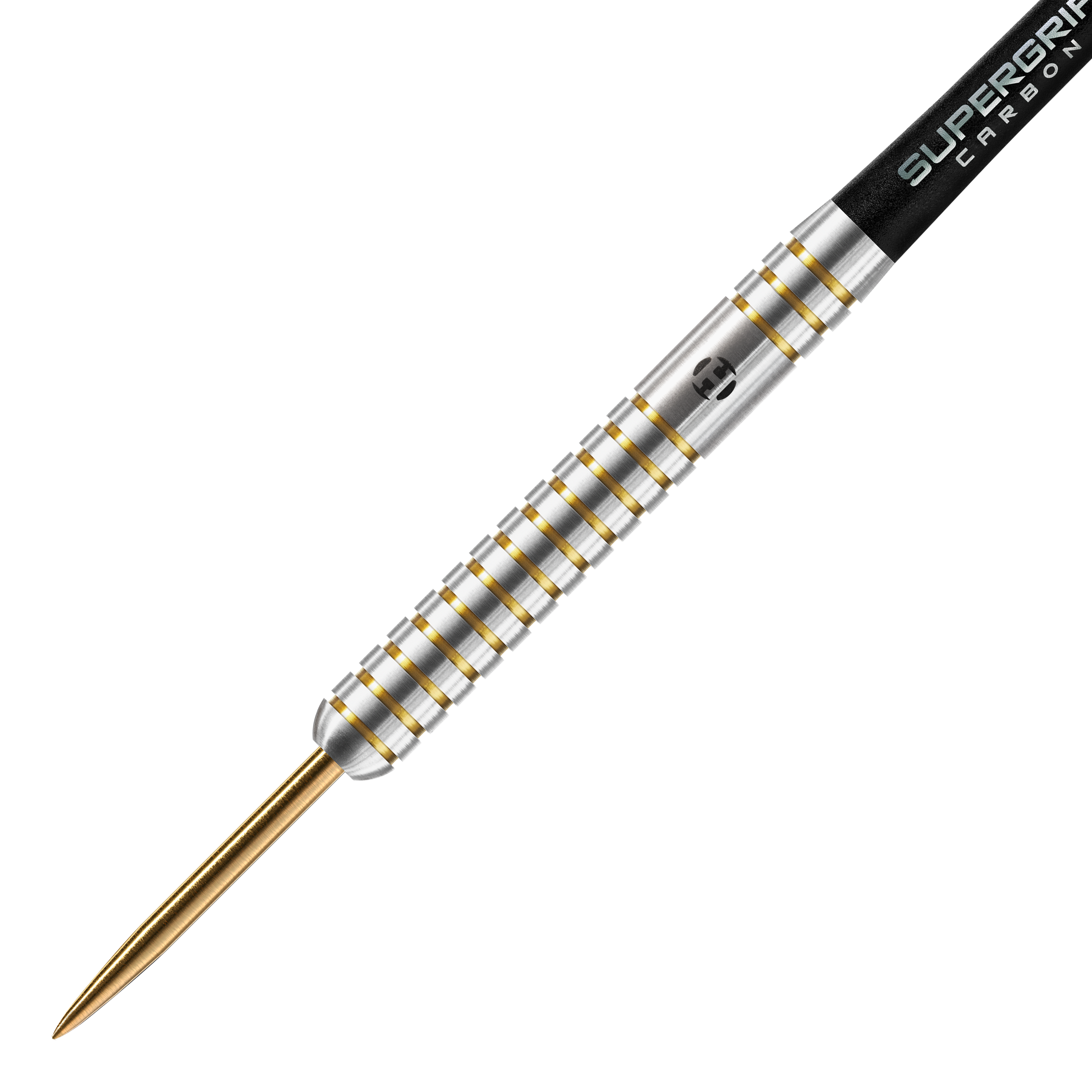 Harrows Anniversary Edition The Original Steeldarts Das Bild zeigt einen Harrows Anniversary Edition The Original Steeldart. Der Dartpfeil hat ein silbernes Barrel mit goldenen Rillen und einer goldenen Spitze.