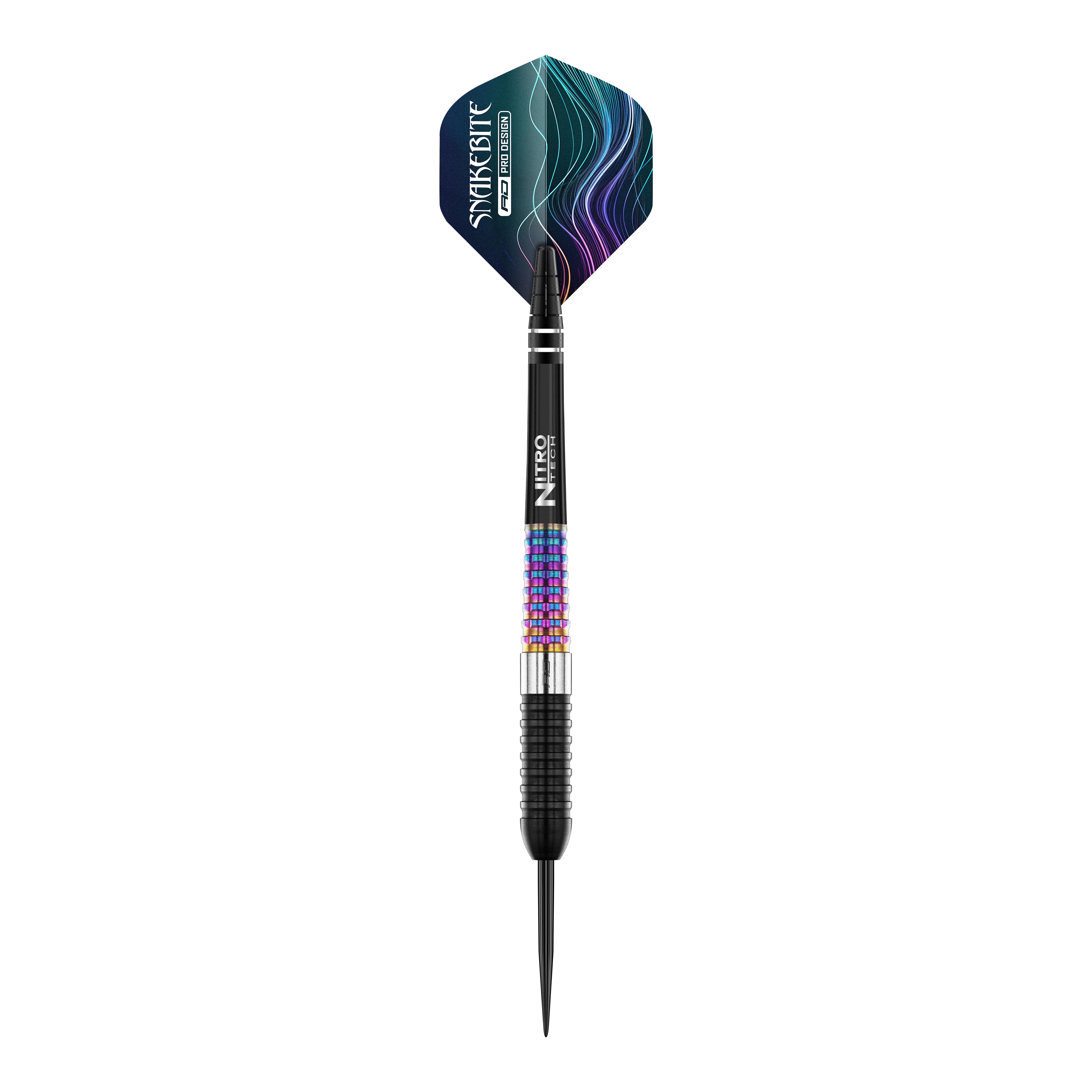 Auf dem Bild ist ein Red Dragon Peter Wright Corra Steeldart zu sehen. Der Dart hat bunte, strukturierte Griffbereiche und ein auffälliges Flight-Design mit blauen und violetten Linien.