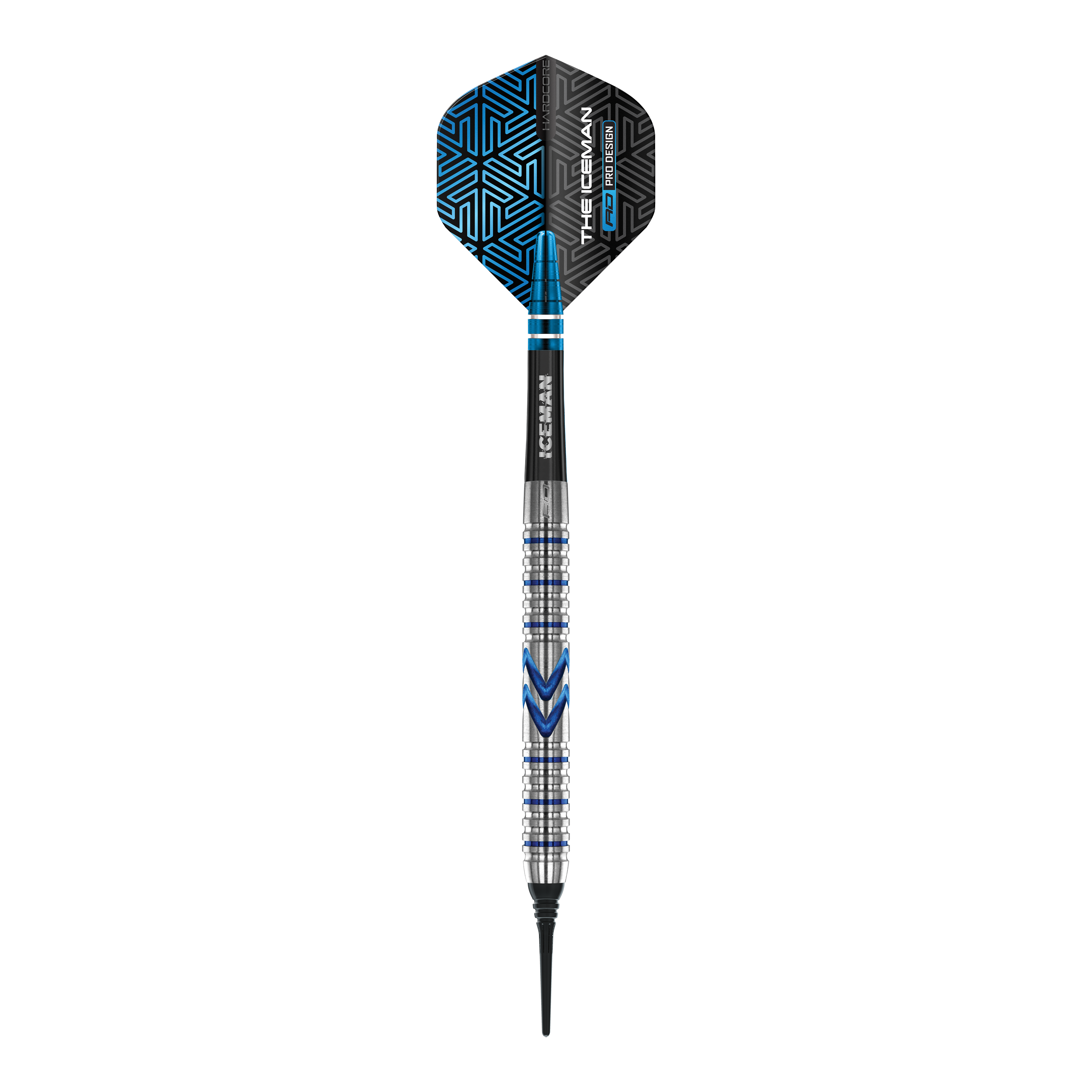 Red Dragon Gerwyn Price Iceman Midnight Edition Soft Darts - 20g Der abgebildete Softdart ist der "Red Dragon Gerwyn Price Iceman Midnight Edition" mit einem Gewicht von 20g. Er hat ein modernes Design mit silbernen und blauen Akzenten sowie einer schwarzen Flights mit blauen Mustern.