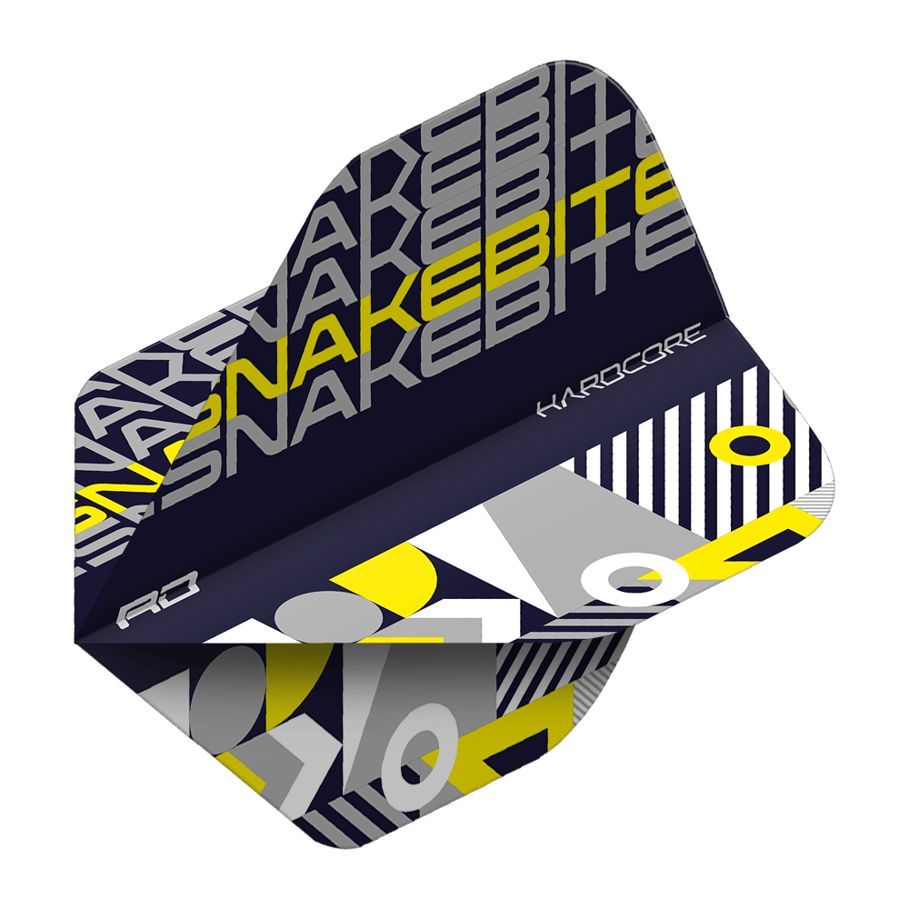 Das Bild zeigt ein Dart Flight mit dem Aufdruck "SNAKEBITE" in Schwarz, Gelb und Grau. Das Design ist modern und kombiniert geometrische Muster mit auffälligen Farben.