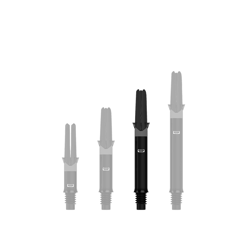 L-L-Style-Shafts Silent Straight - Black Das Bild zeigt drei schwarze Dartschäfte in unterschiedlichen Längen. Sie stehen nebeneinander auf einem transparenten Hintergrund.