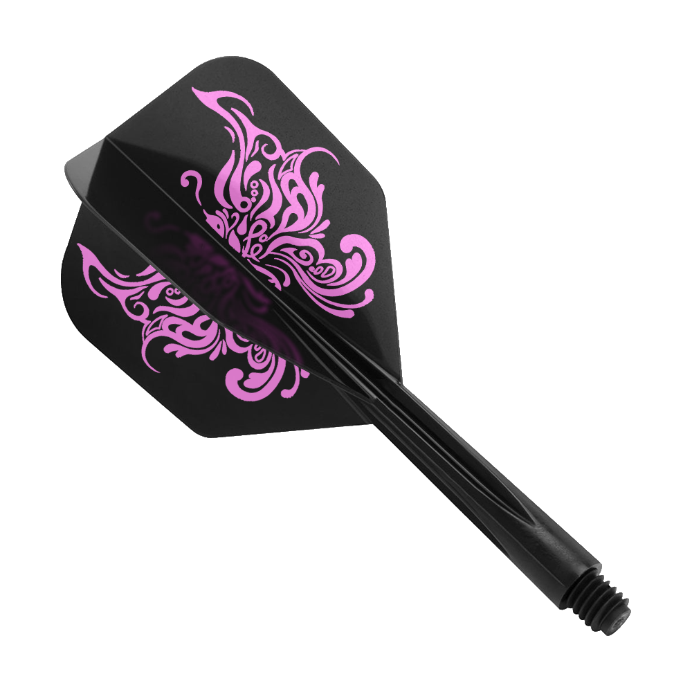 Condor_AXE_Tribal_Butterfly_Black_Small_1kIySlhxb0MD8O Das Bild zeigt einen schwarzen Dartflügel mit einem tribalartigen, rosa Schmetterlingsmuster. Das Produkt heißt "Condor AXE Tribal Butterfly Black Small".