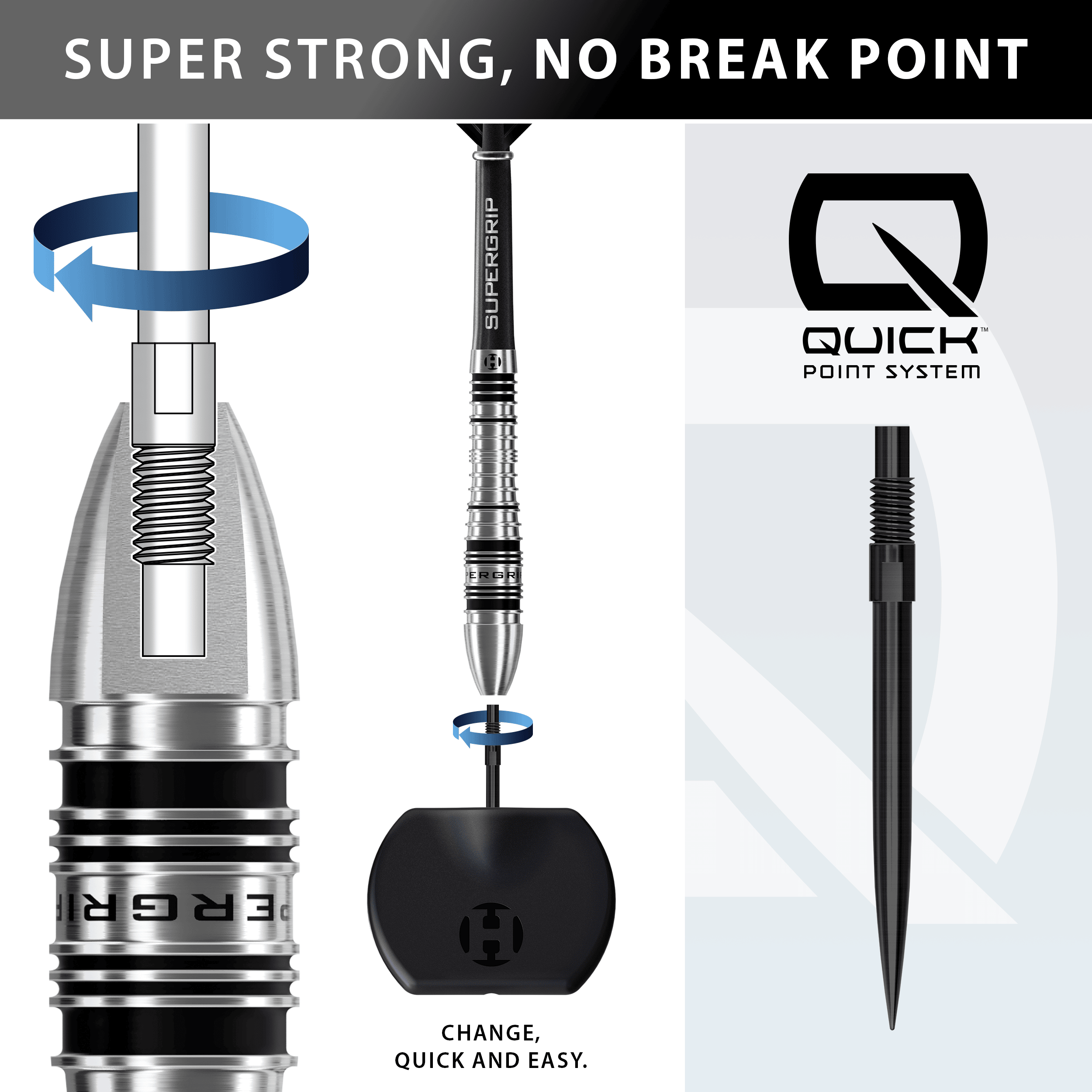 Harrows Supergrip Bomb Quick Point Steel Darts Auf dem Bild sieht man die Harrows Supergrip Bomb Quick Point Steeldarts. Diese Darts sind ideal für ambitionierte Dartspieler.