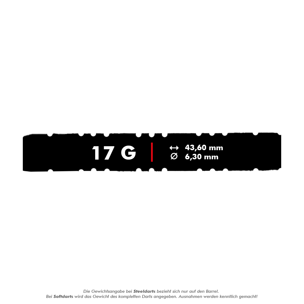 McDart 85 Tungsten V2 soft darts - 17g Das Bild zeigt die Produktdaten für die McDart 85er Tungsten V2 Softdarts mit einem Gewicht von 17 Gramm. Die Darts haben eine Länge von 43,60 mm und einen Durchmesser von 6,30 mm.
