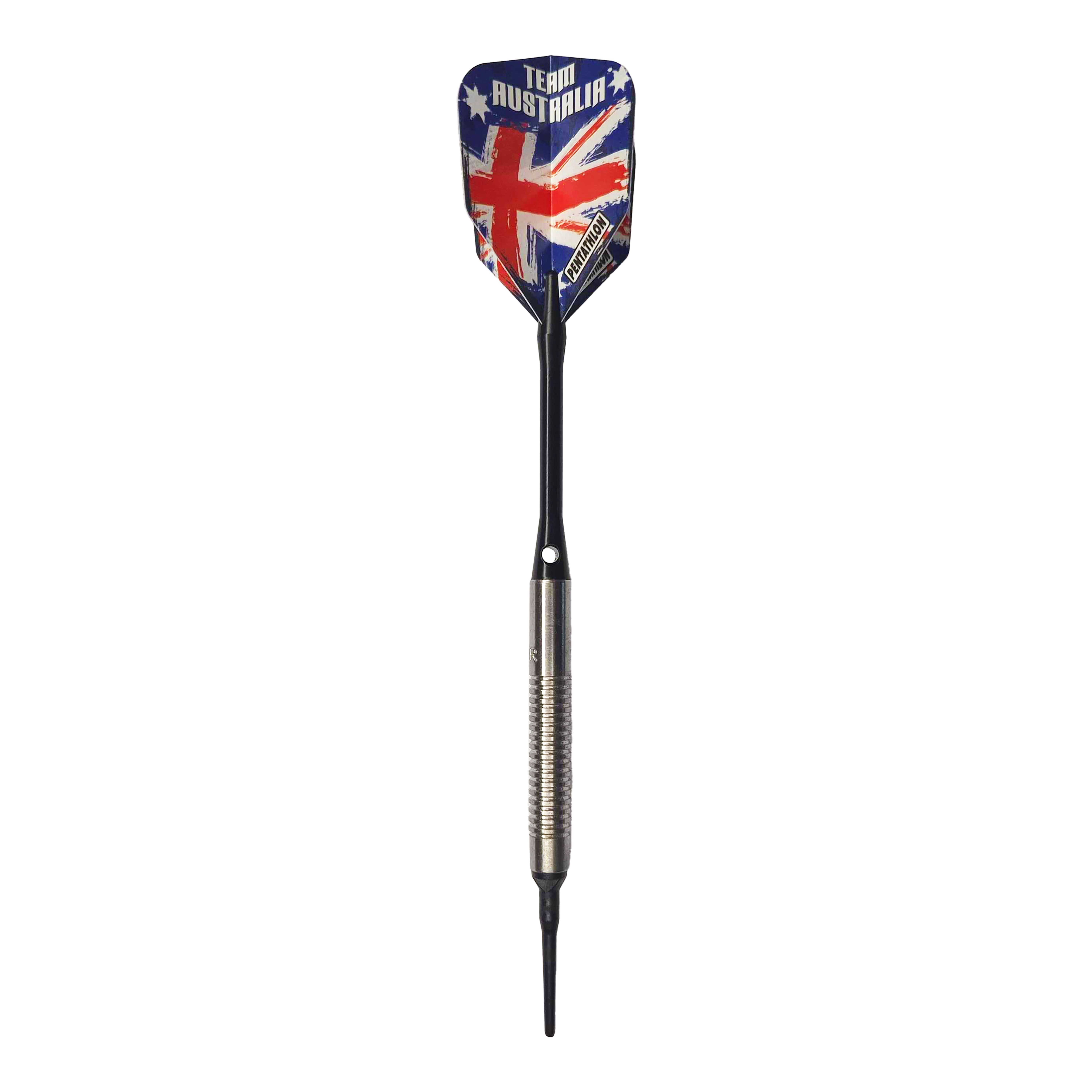 McDart 85 Tungsten V8 Soft Darts - 18.5g Auf dem Bild ist ein Softdart mit einer silbernen Griffzone und langer schwarzer Spitze zu sehen. Die Dart-Flügel zeigen das Design der australischen Flagge mit der Aufschrift "TEAM AUSTRALIA".