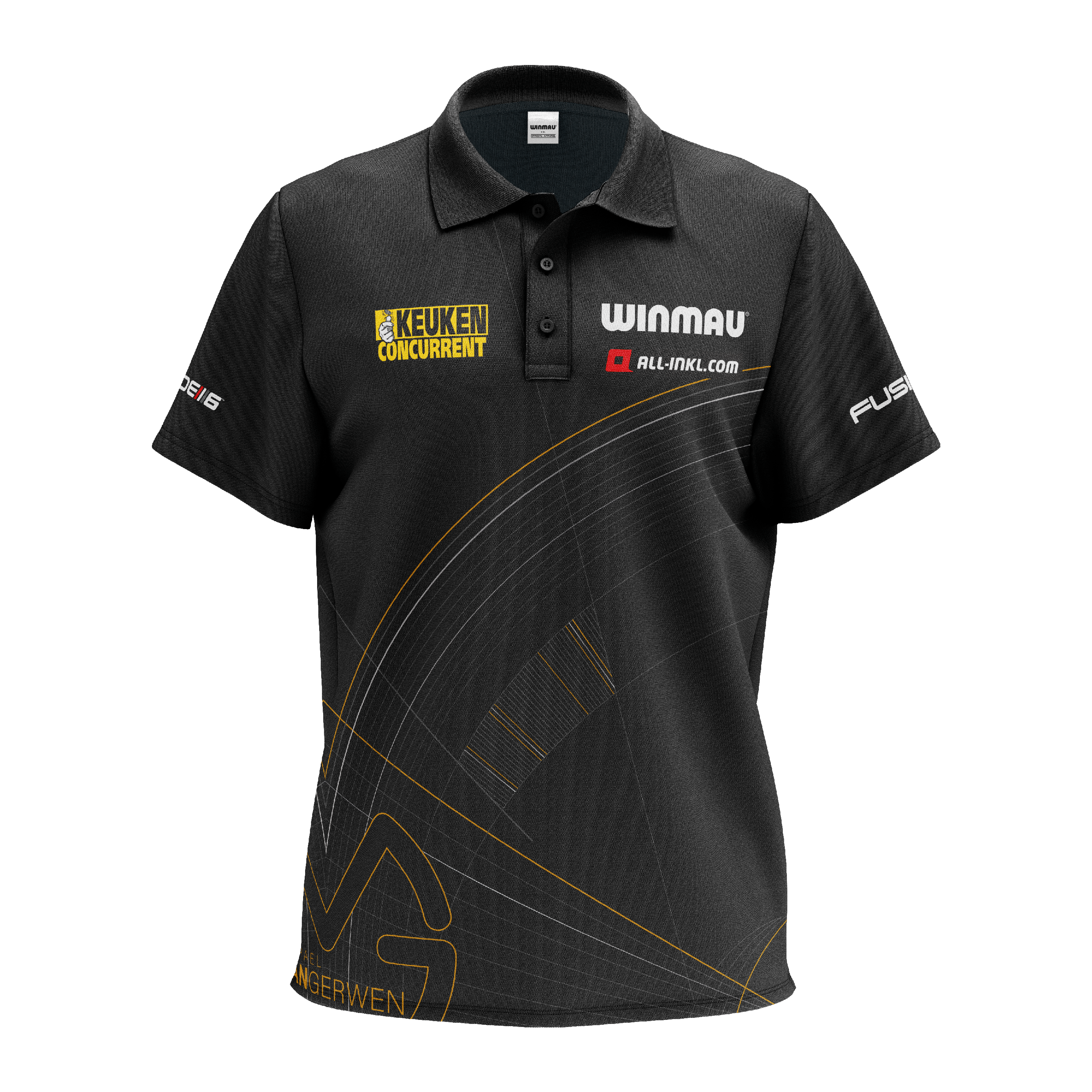 Winmau Limited Edition Tour Polo Dart Shirt Das Bild zeigt ein schwarzes Polo-Dartshirt mit verschiedenen Logos und Sponsorenaufdrucken. Das Shirt ist das "Winmau Limited Edition Tour Polo Dartshirt".