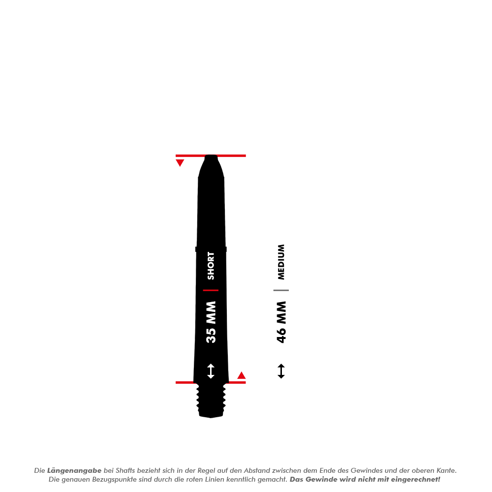 Das Bild zeigt einen schwarzen Winmau Nylon Ring Grip MvG Design Shaft für Darts. Die Abbildung hebt die Länge von 35 mm für die kurze Version und 46 mm für die mittlere Version hervor.