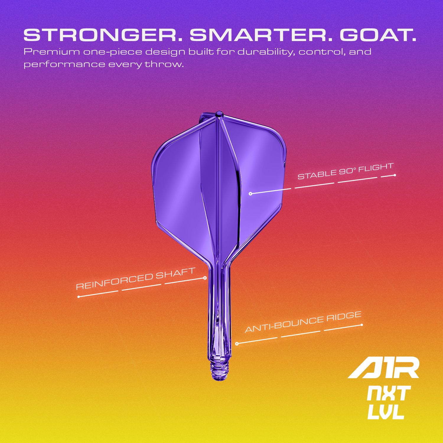Abgebildet ist das GOAT A1R No6 Flight-Shaft-System in leuchtendem Neon Lila. Es ist speziell für den Einsatz im Dartsport konzipiert.