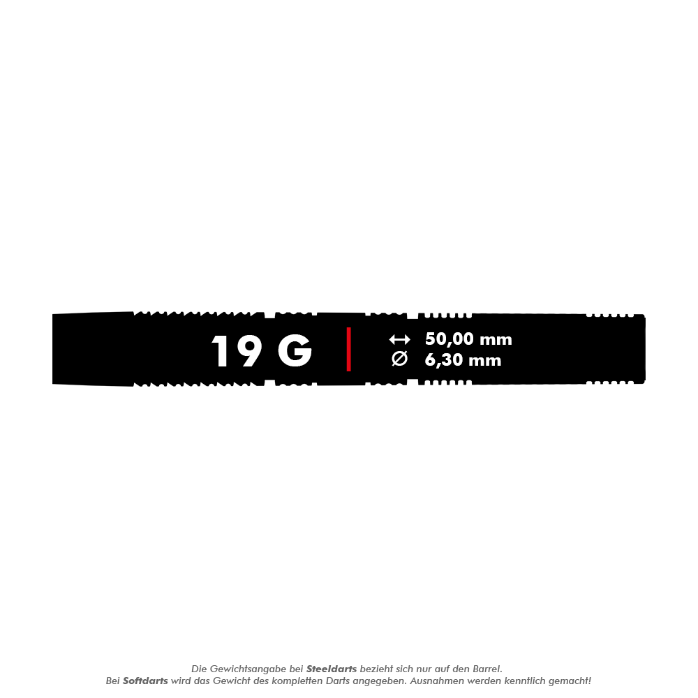 Target Gabriel Clemens 95K soft darts - 19g Das Bild zeigt Angaben zum Produkt "Target Gabriel Clemens 95K Softdarts - 19g". Der Dart wiegt 19 Gramm, ist 50,00 mm lang und hat einen Durchmesser von 6,30 mm.