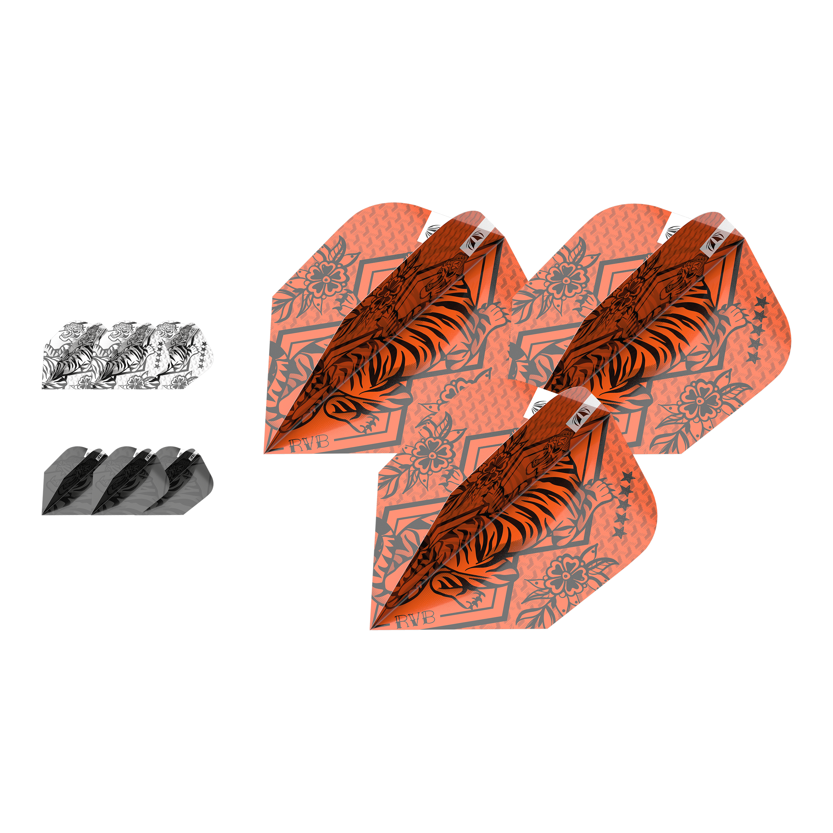 Target Ink Bundle 3 Sets Raymond Van Barneveld Ten-X Flights Das Bild zeigt drei verschiedene Sets von Raymond Van Barneveld Ten-X Dartflights. Die Flights haben auffällige Muster in den Farben Orange, Schwarz und Weiß.