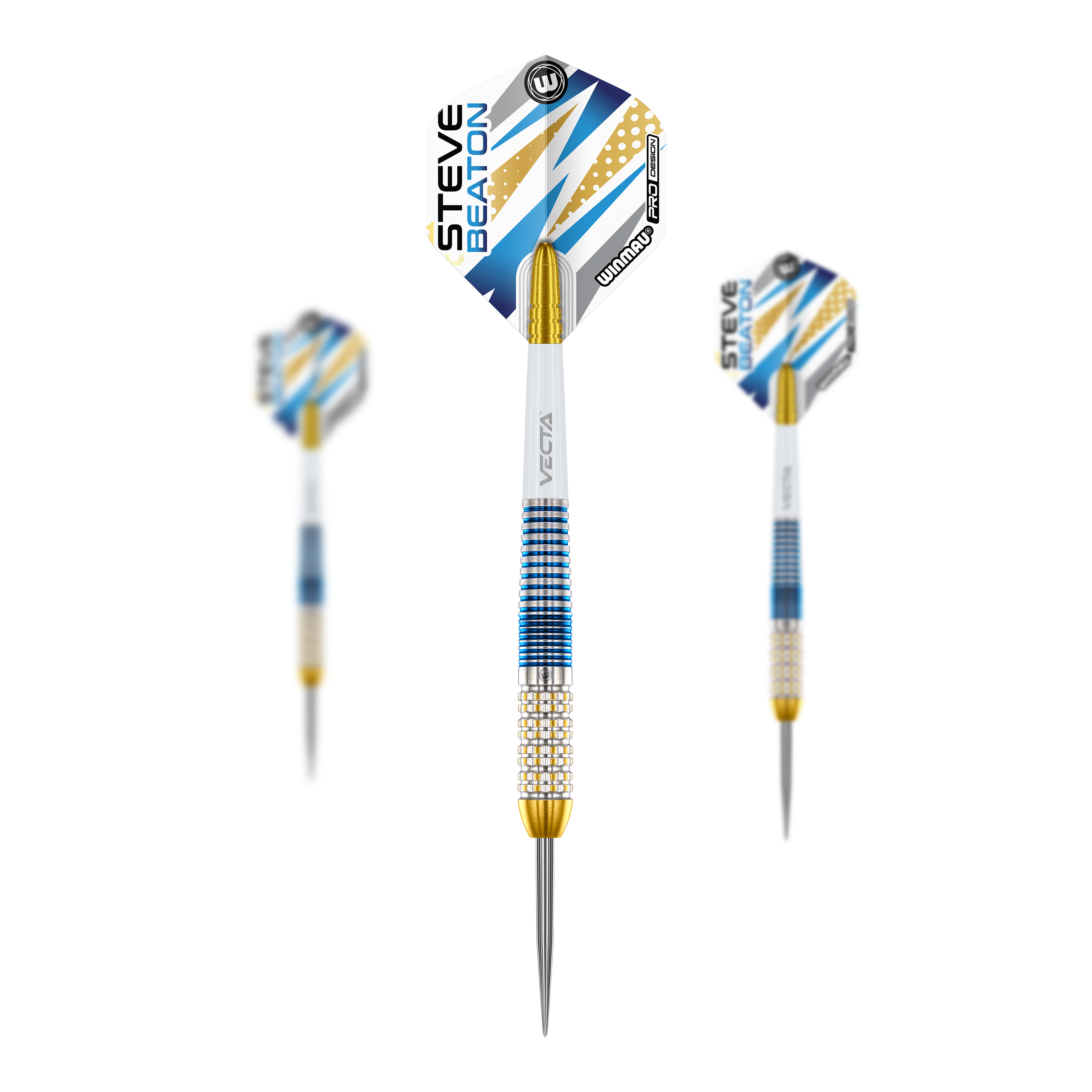 Winmau Steve Beaton Legend Series Steeldarts Das Bild zeigt drei Steeldarts der Marke Winmau aus der Steve Beaton Legend Series. Die Darts haben blaue, weiße und goldene Akzente sowie einen Pfeil mit „Steve Beaton“ Schriftzug auf dem Flight.