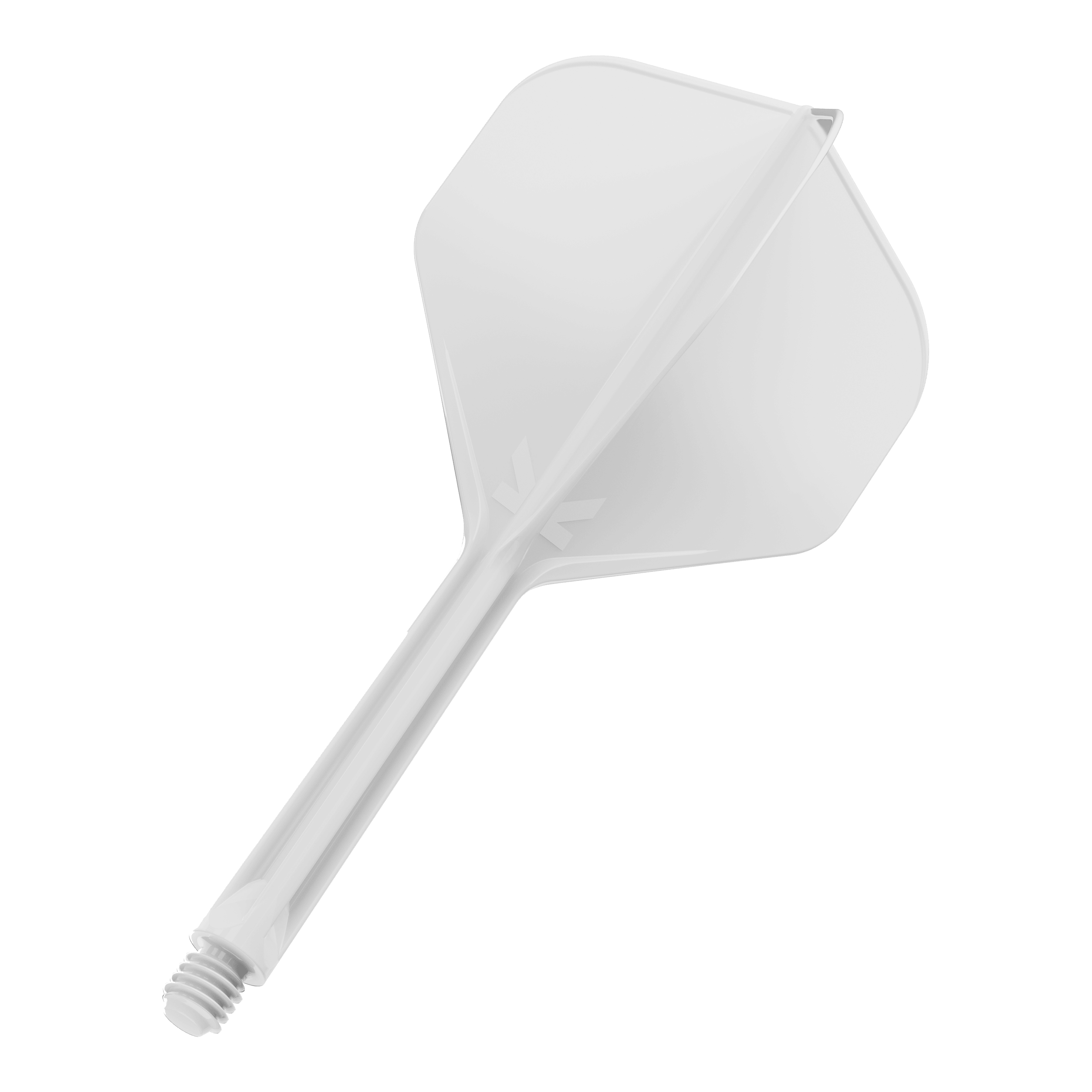 Target K-Flex No2 Standard Flight System - White Das Bild zeigt einen weißen Dartflügel mit integriertem Schaft. Der Schaft hat ein Schraubgewinde am Ende zur Befestigung am Dartpfeil.