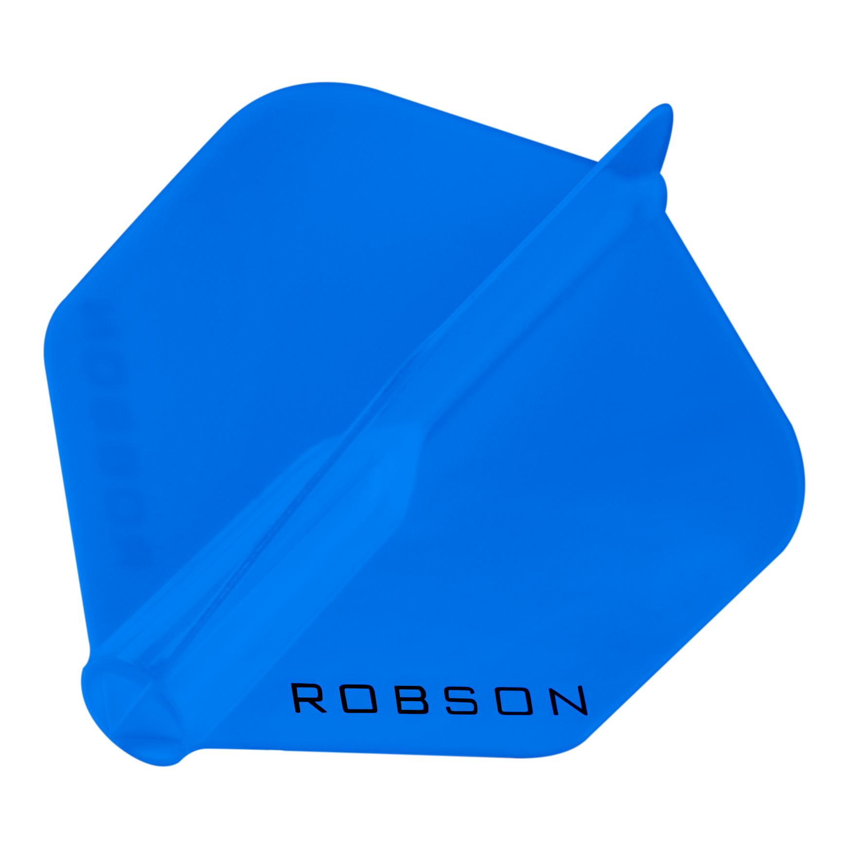 Das Bild zeigt einen blauen Dartflight mit der Aufschrift "ROBSON". Der Flight hat eine standardmäßige sechseckige Form.