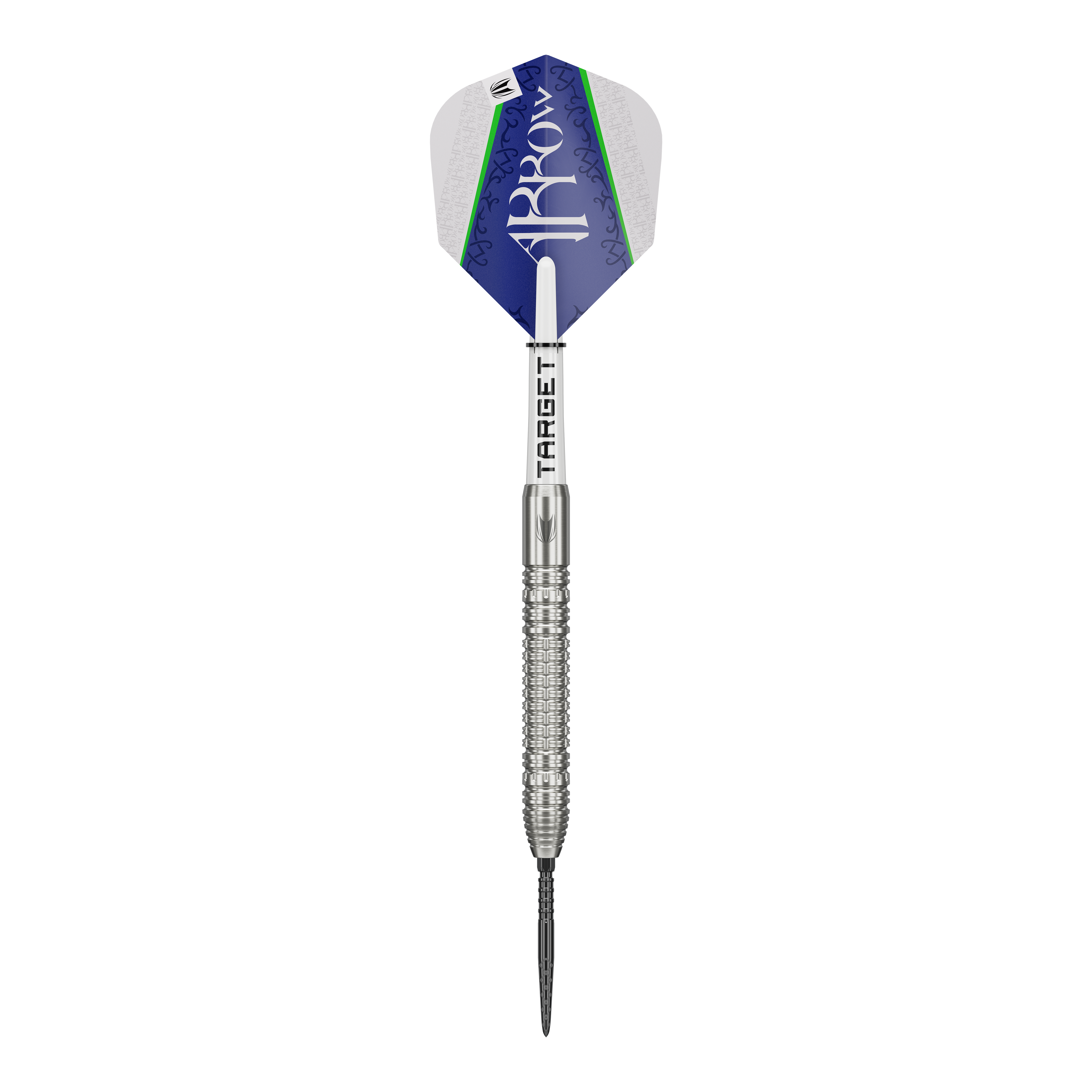 Target Shane McGuirk GEN1 Swiss Point Steel Darts - 23g Auf dem Bild ist der Target Shane McGuirk GEN1 Swiss Point Steeldart mit 23g zu sehen. Der Dartpfeil hat ein silbernes Griffstück und eine blau-weiße Flight mit grünem Akzent.