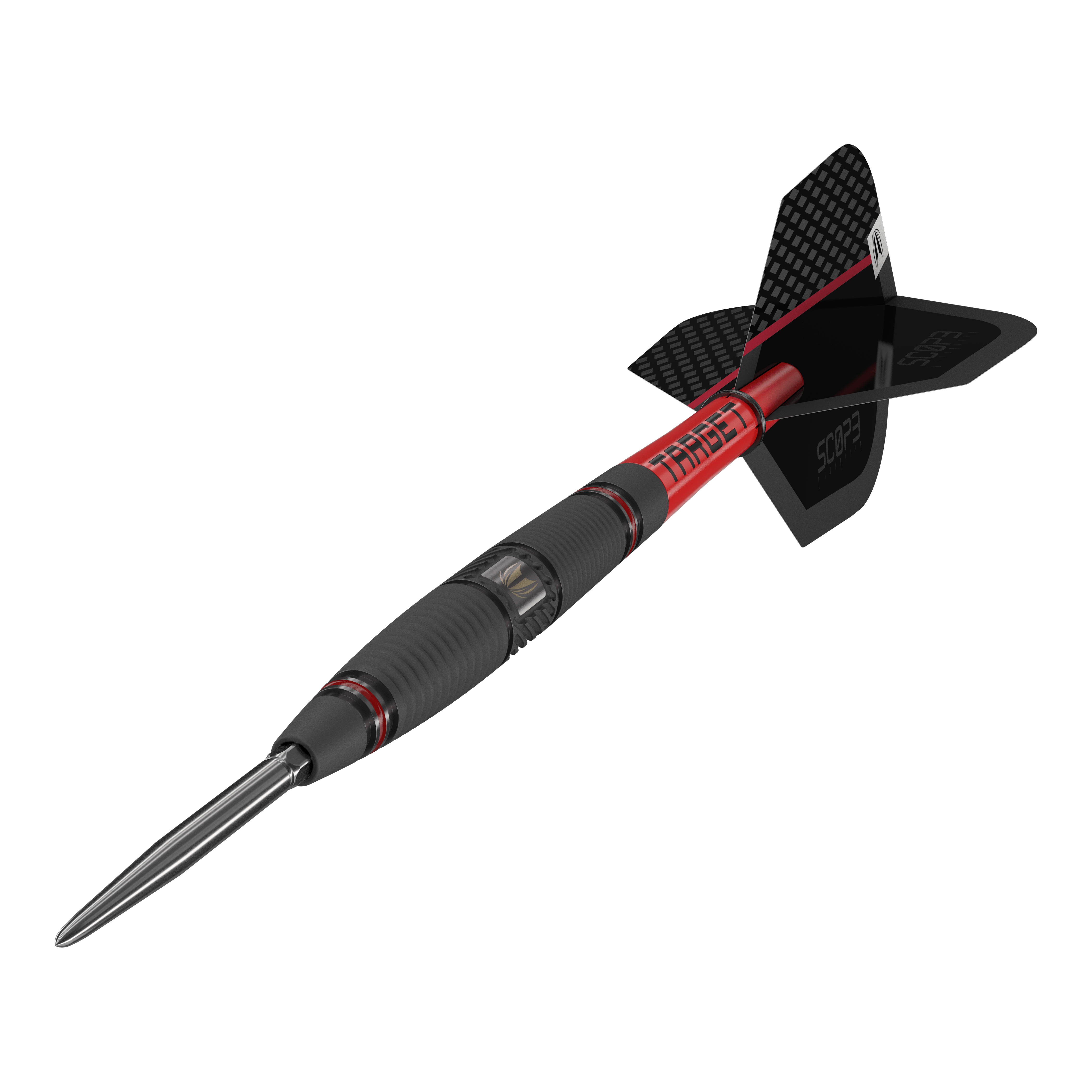 Target Scope 04 Swiss Point steel darts Das Bild zeigt den Target Scope 04 Swiss Point Steeldart. Der Dart hat ein schwarz-rotes Design mit geriffeltem Griff und einer metallischen Spitze.